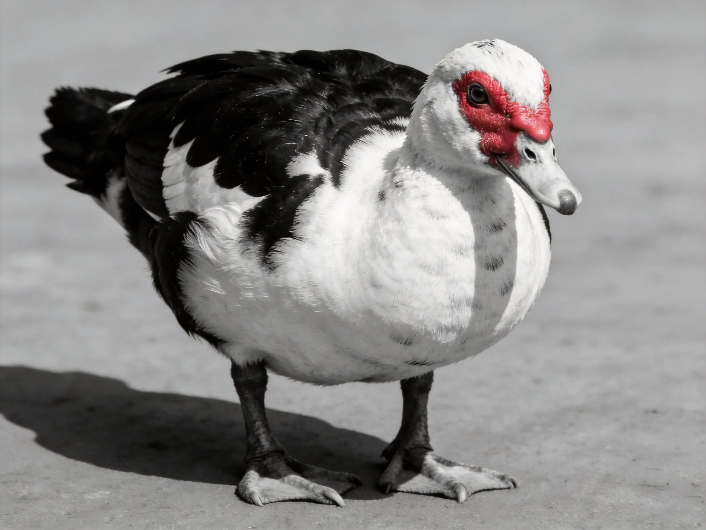 A Muscovy Duck with Black and White Plumage and Red Facial Skin