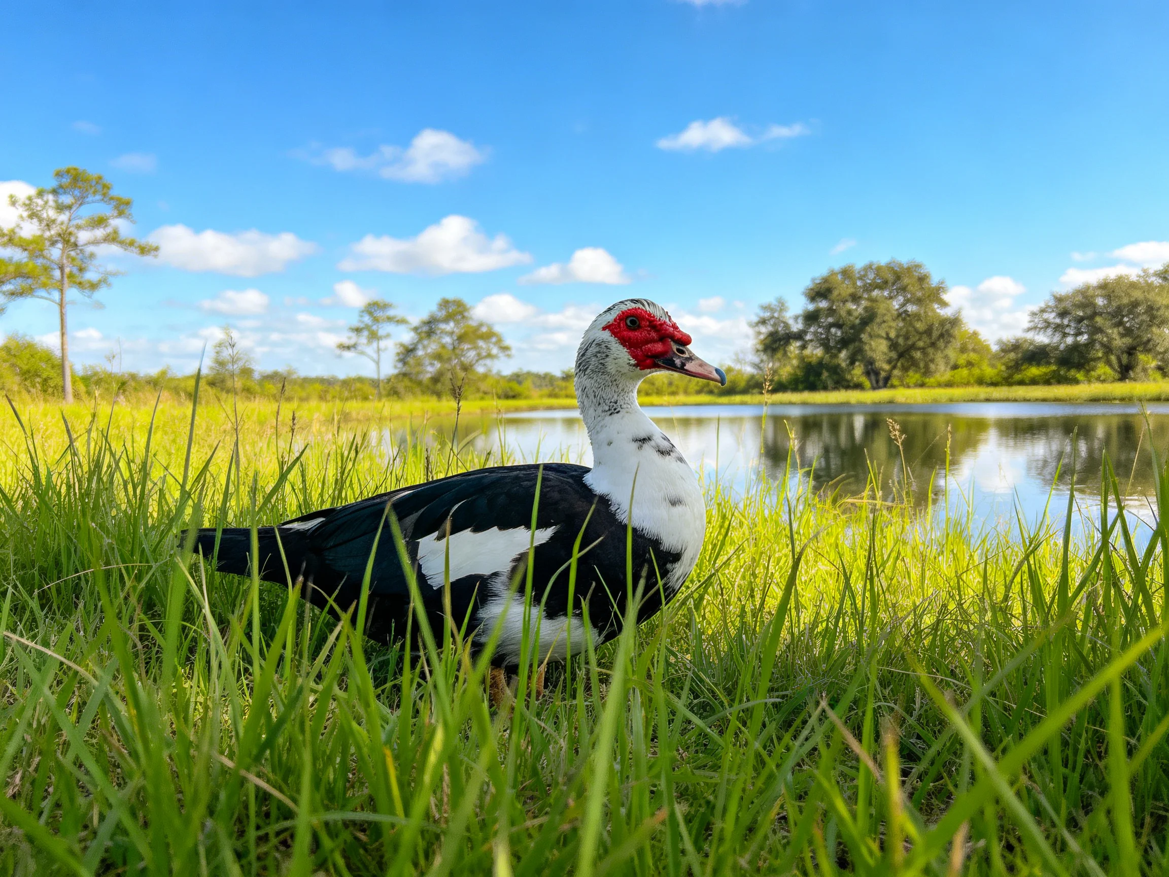 A Muscovy Duck with Red Face in Tall Green Grass by a Calm Lake