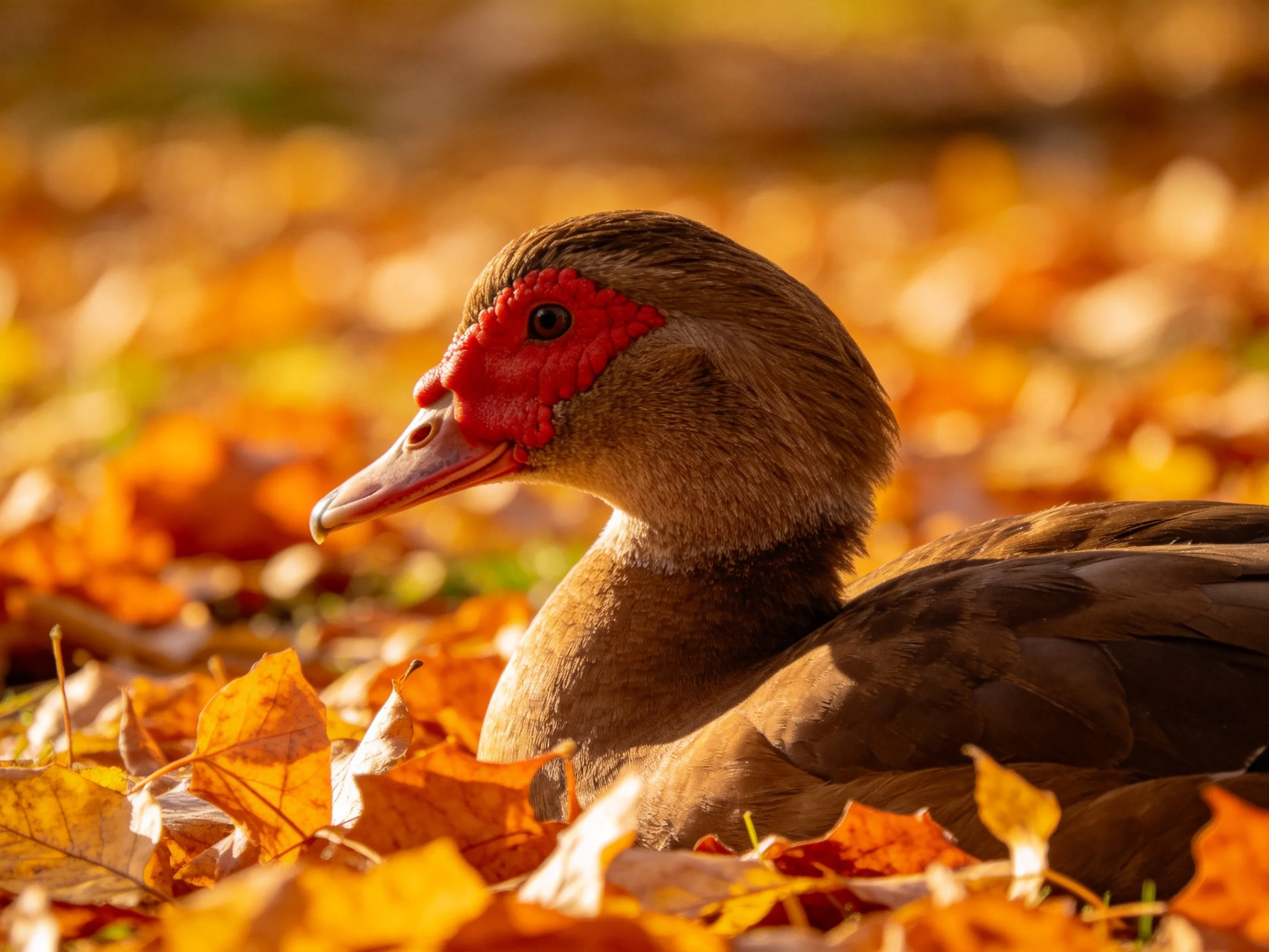 A Muscovy duck resting amid vibrant autumn leaves