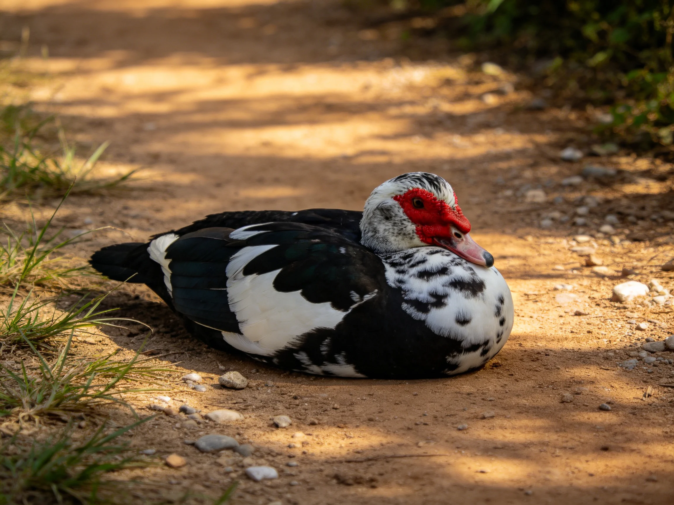 A Muscovy duck rests on a sun-dappled dirt path with black and white plumage