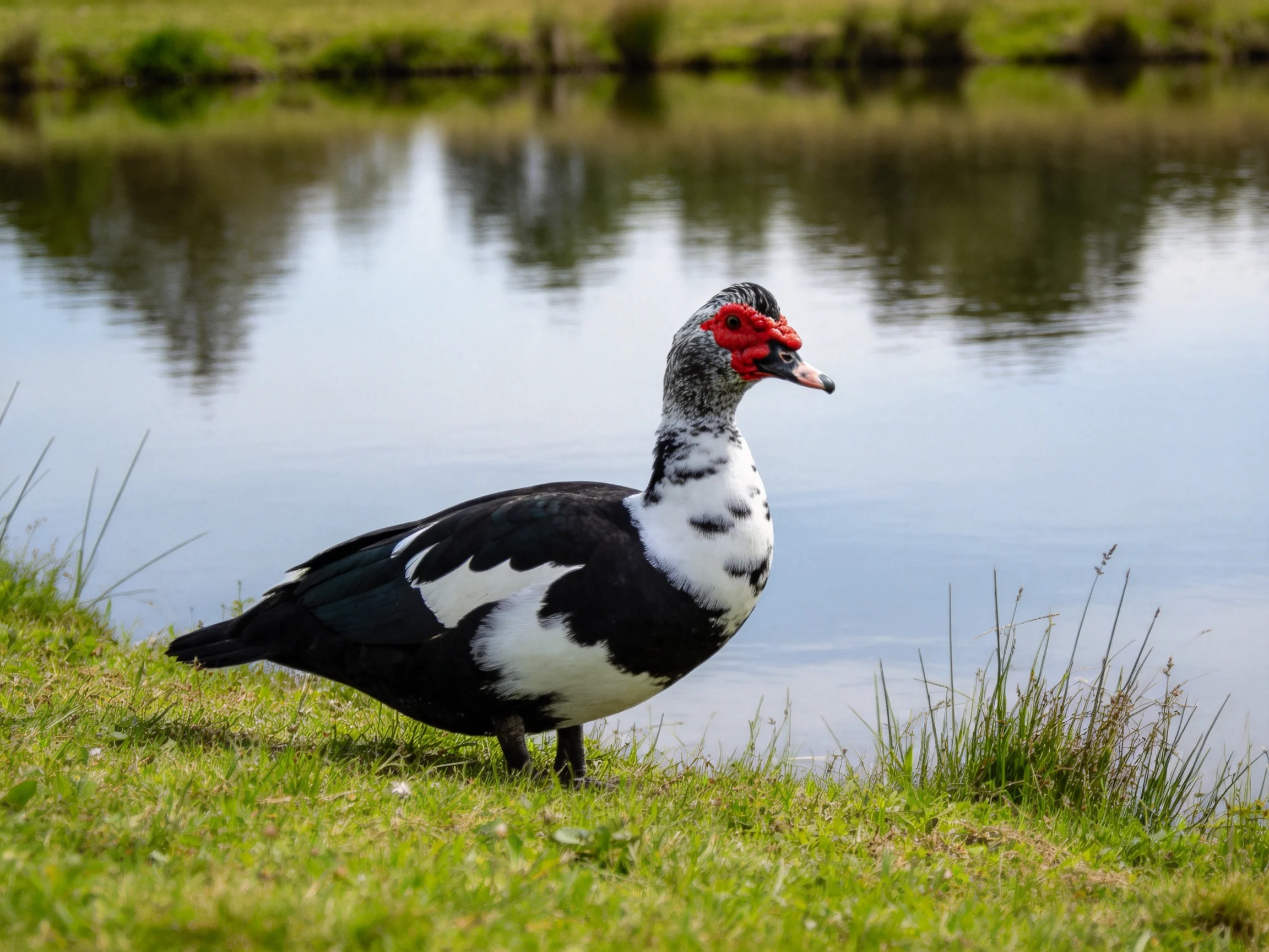 A Muscovy duck with black and white plumage stands by a calm pond on lush grass