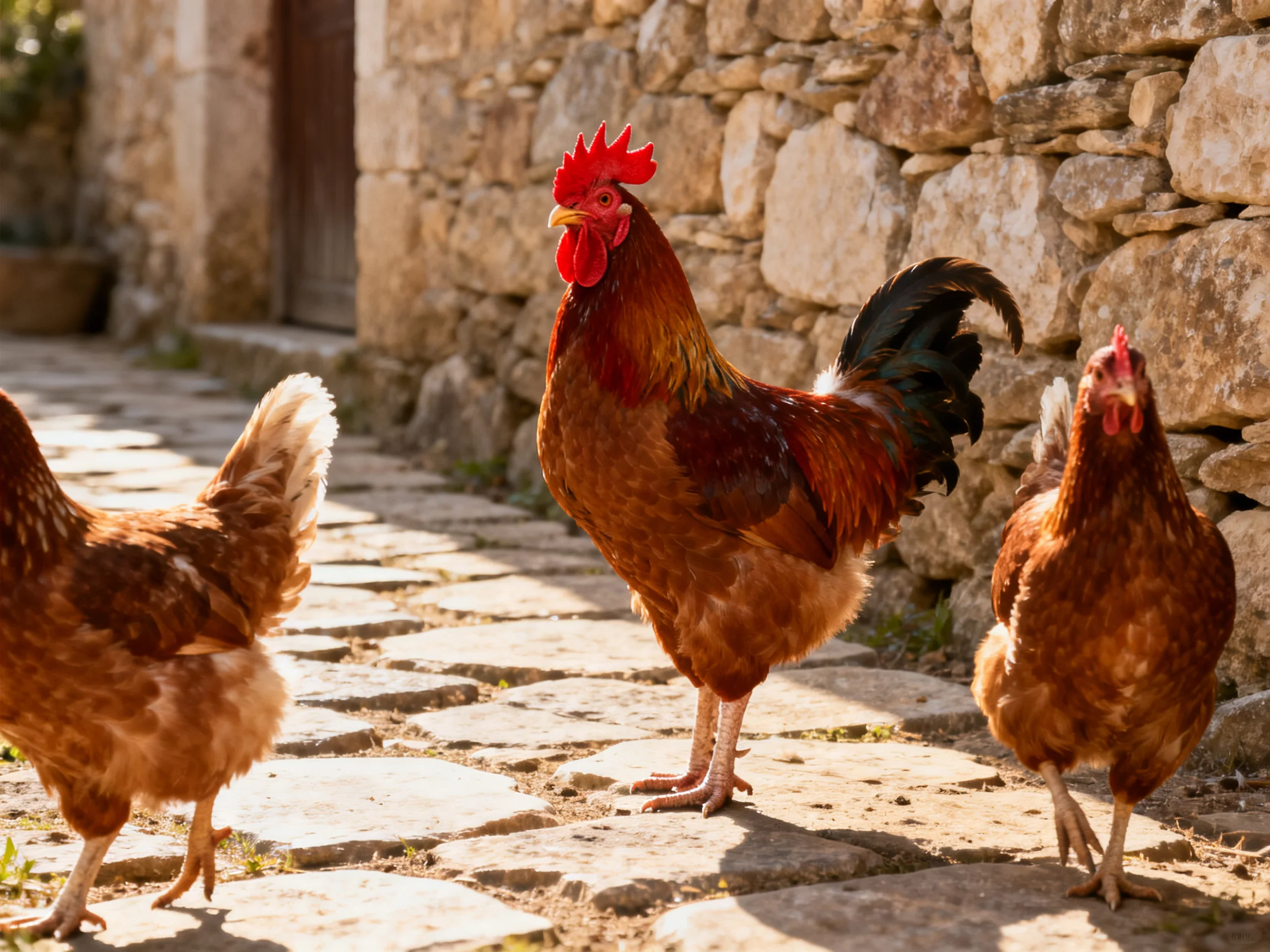 A Rooster and Two Hens on a Cobblestone Path Near a Stone Wall