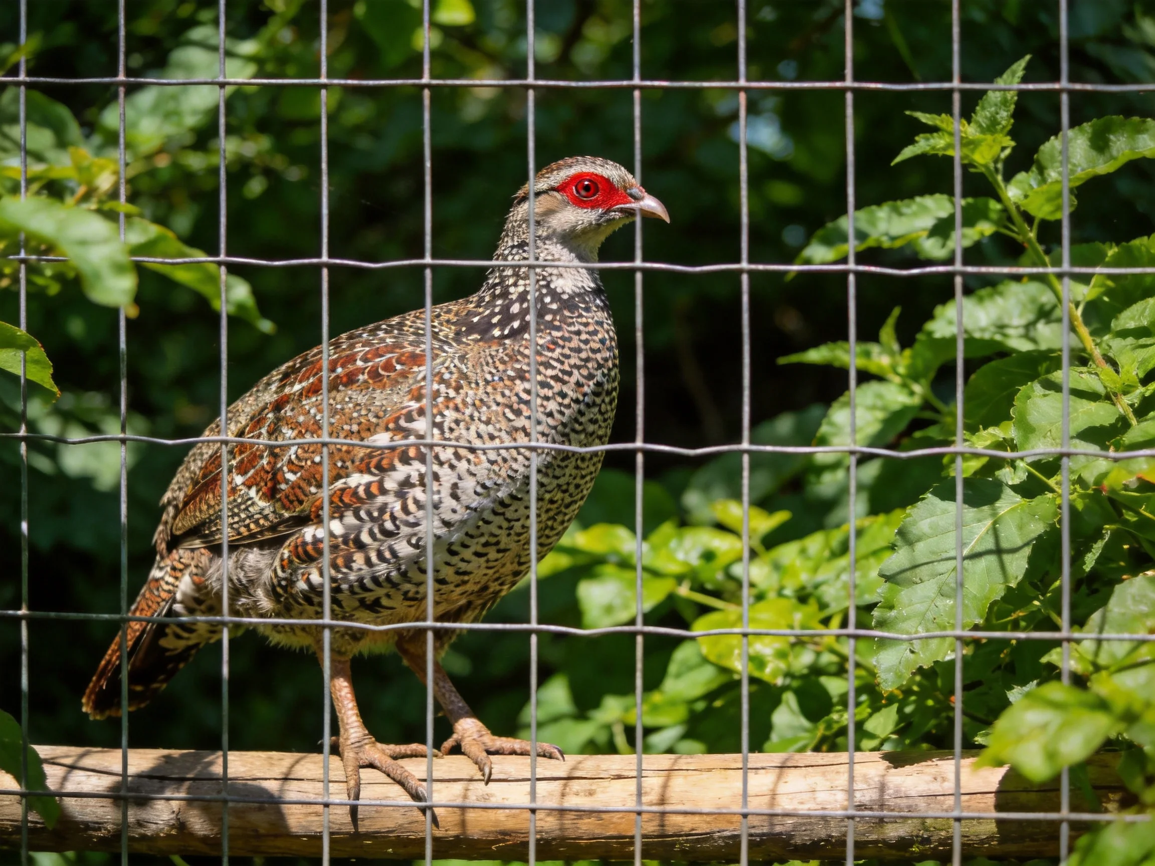 A bird with red eye and speckled feathers perched on wood near wire fence