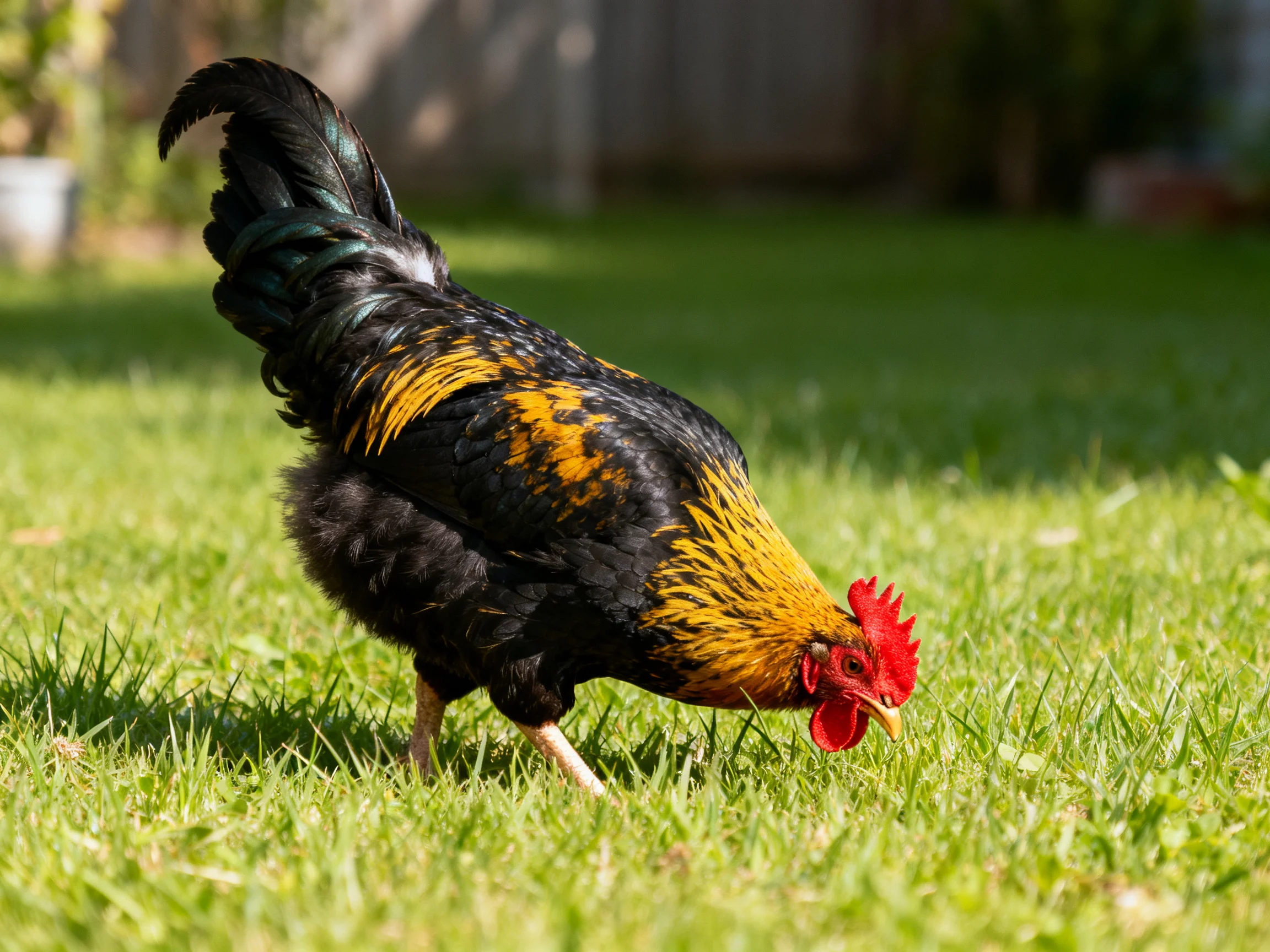 A black and golden-feathered rooster forages in a sunlit grassy area