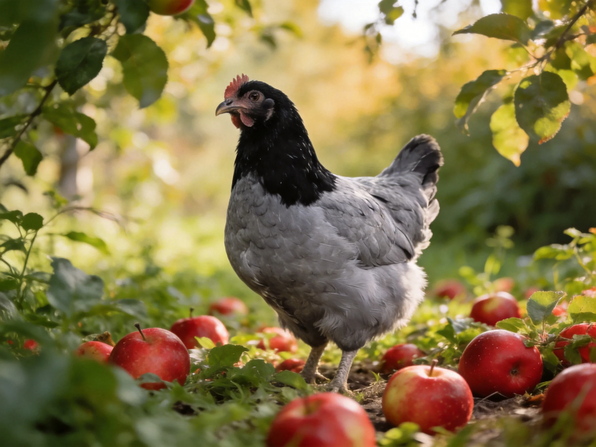 A chicken explores a sunlit orchard filled with red apples.