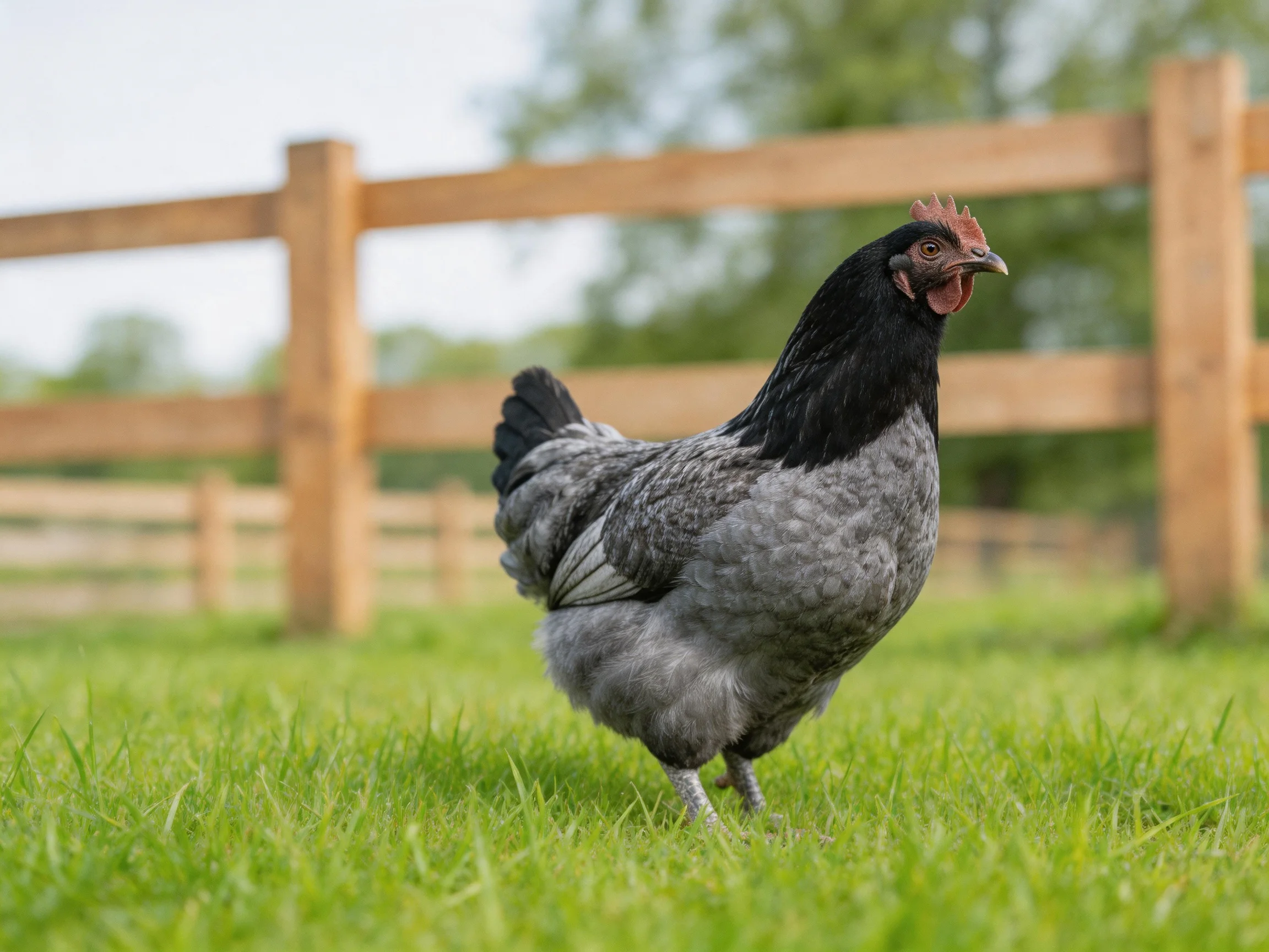 A black and gray chicken standing on lush green grass near a wooden fence