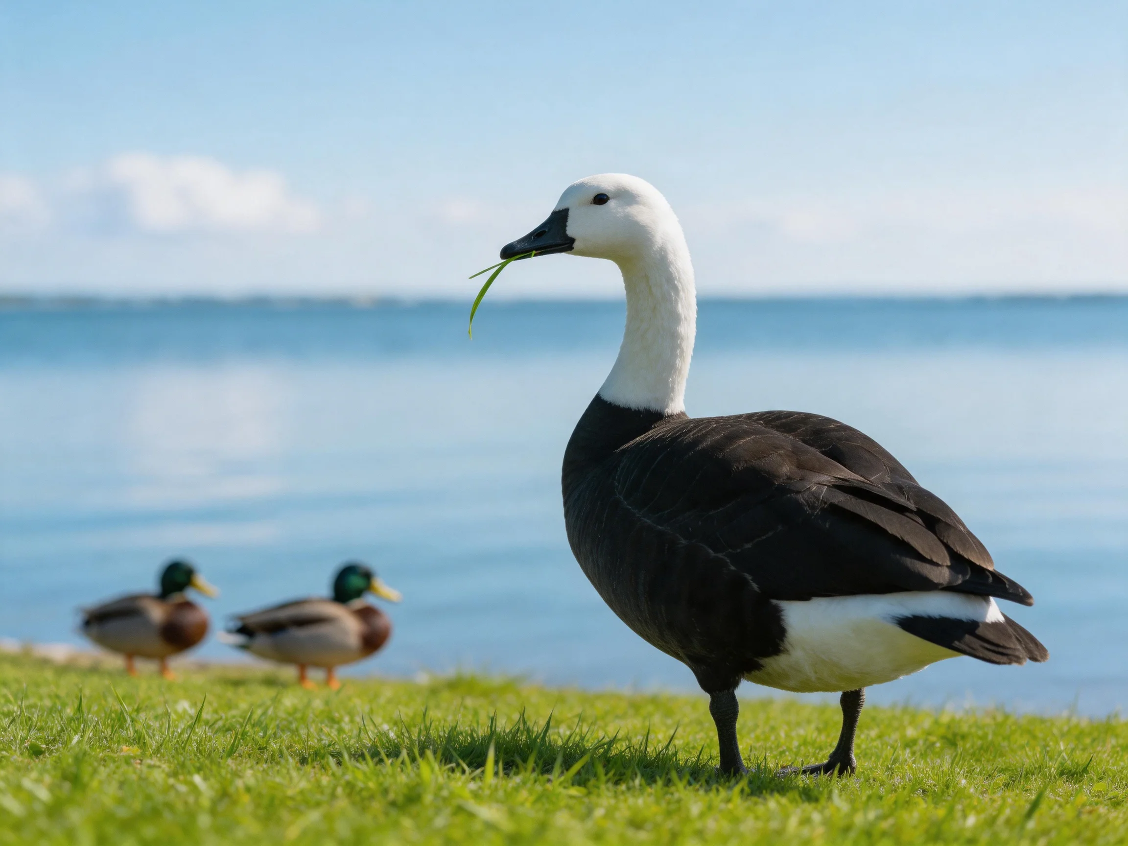 A black and white bird with grass near two mallards by calm water