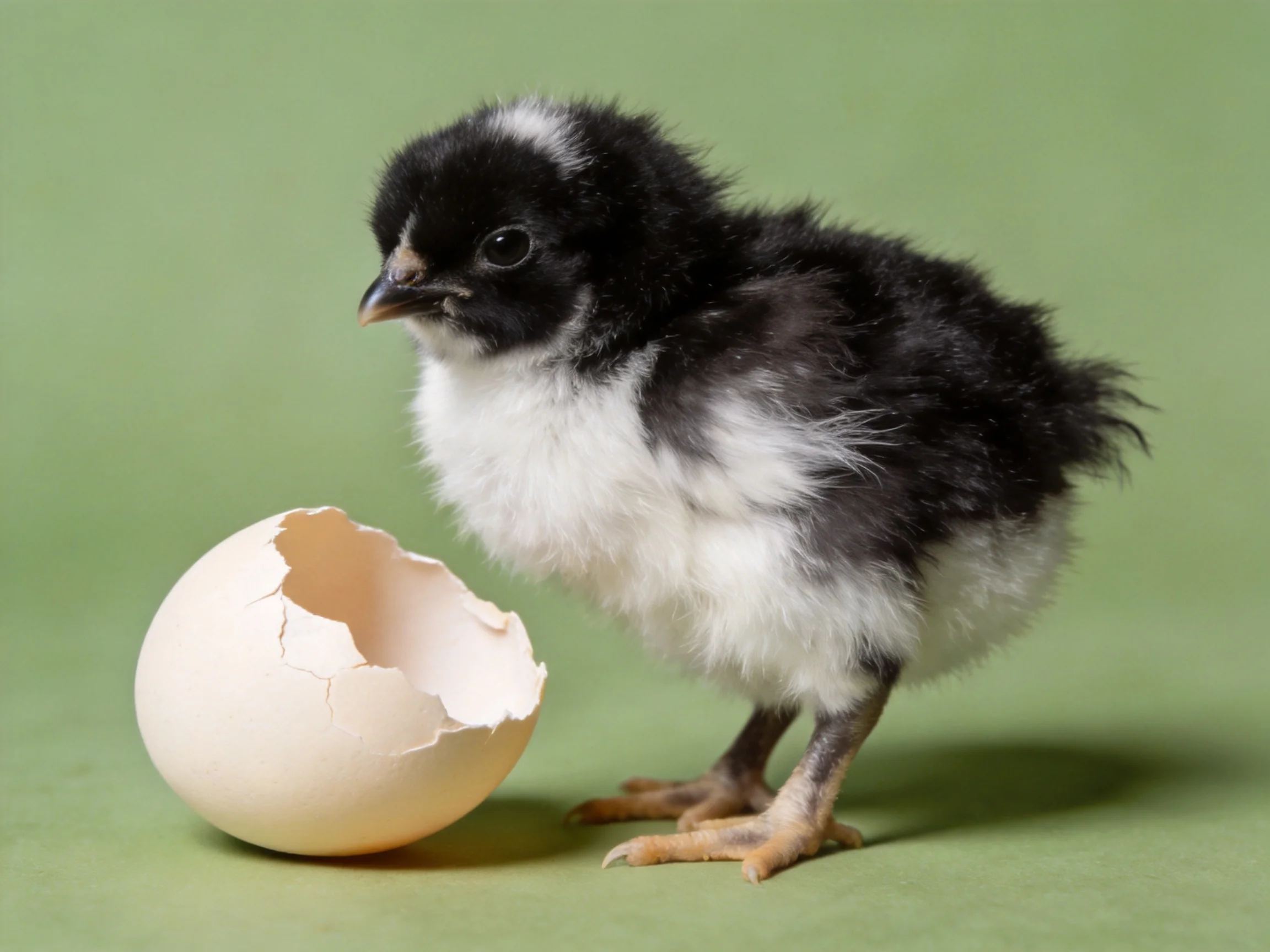 A black and white chick stands beside a cracked eggshell on a green surface