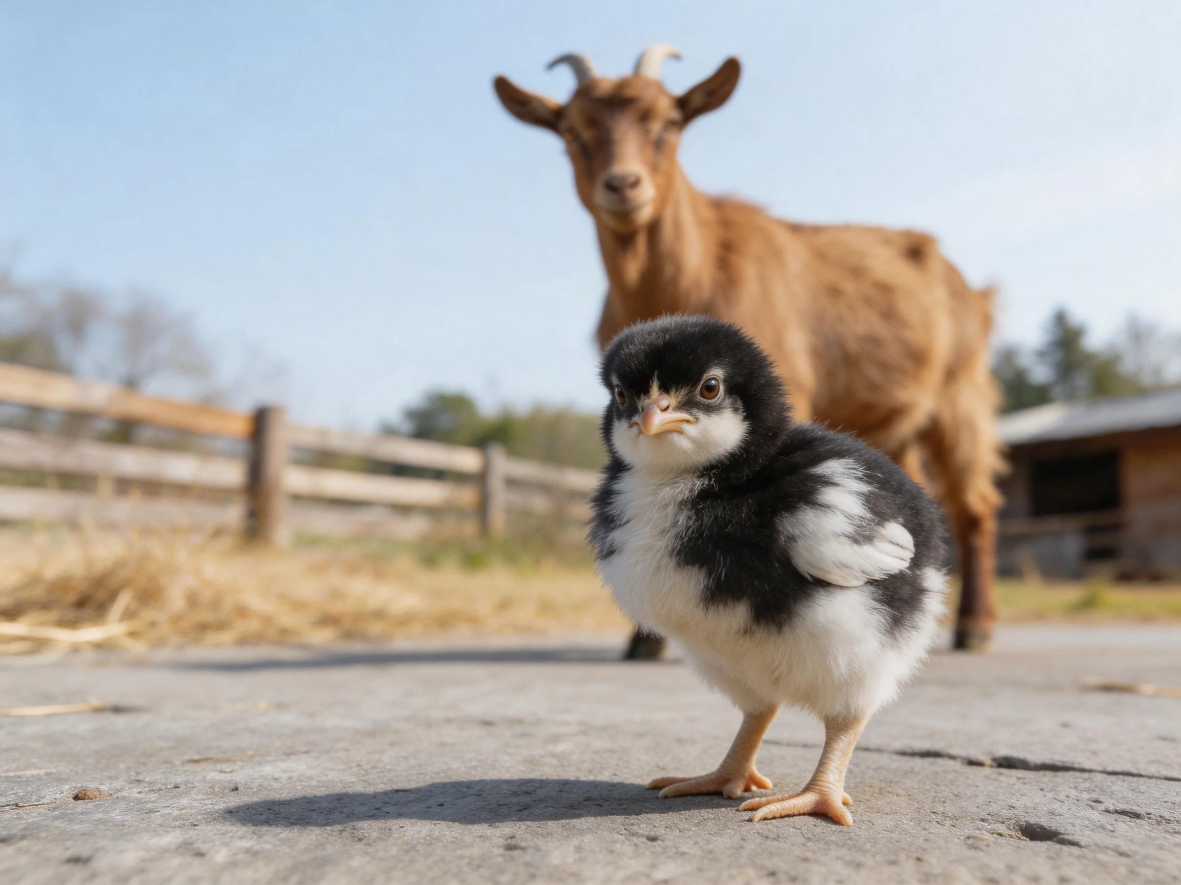 A black-and-white chick stands near a brown goat on a farm path