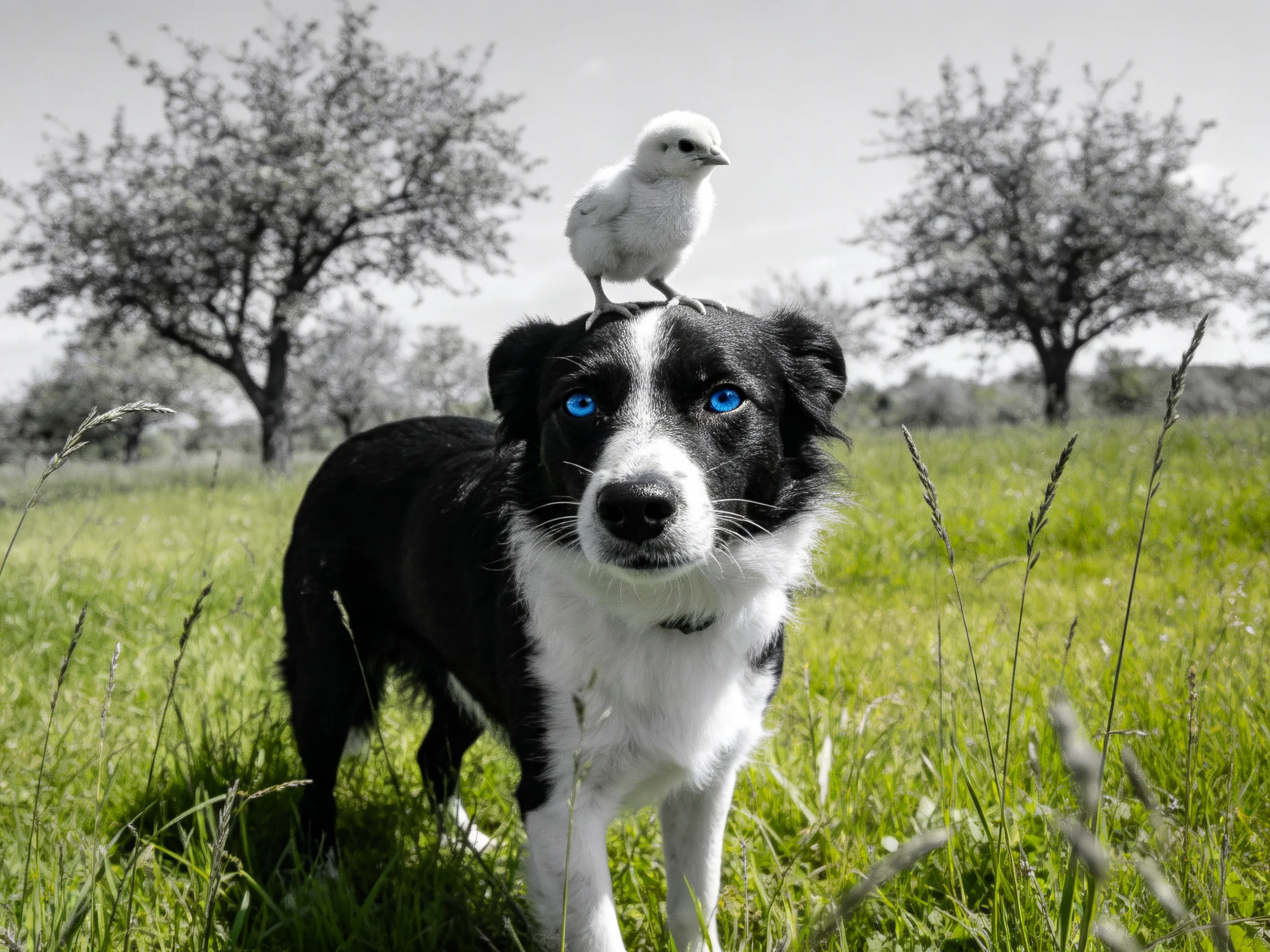 A black and white dog with blue eyes has a small chick on its head in a grassy field
