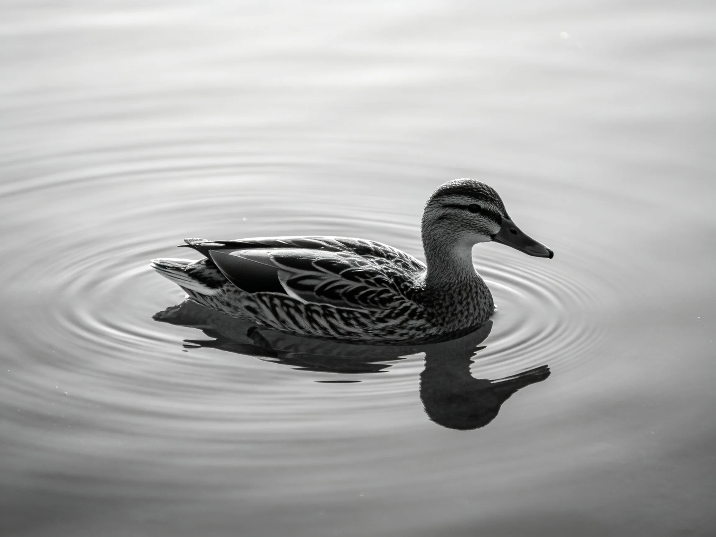 A black - and - white duck gliding across calm water with rippling reflections