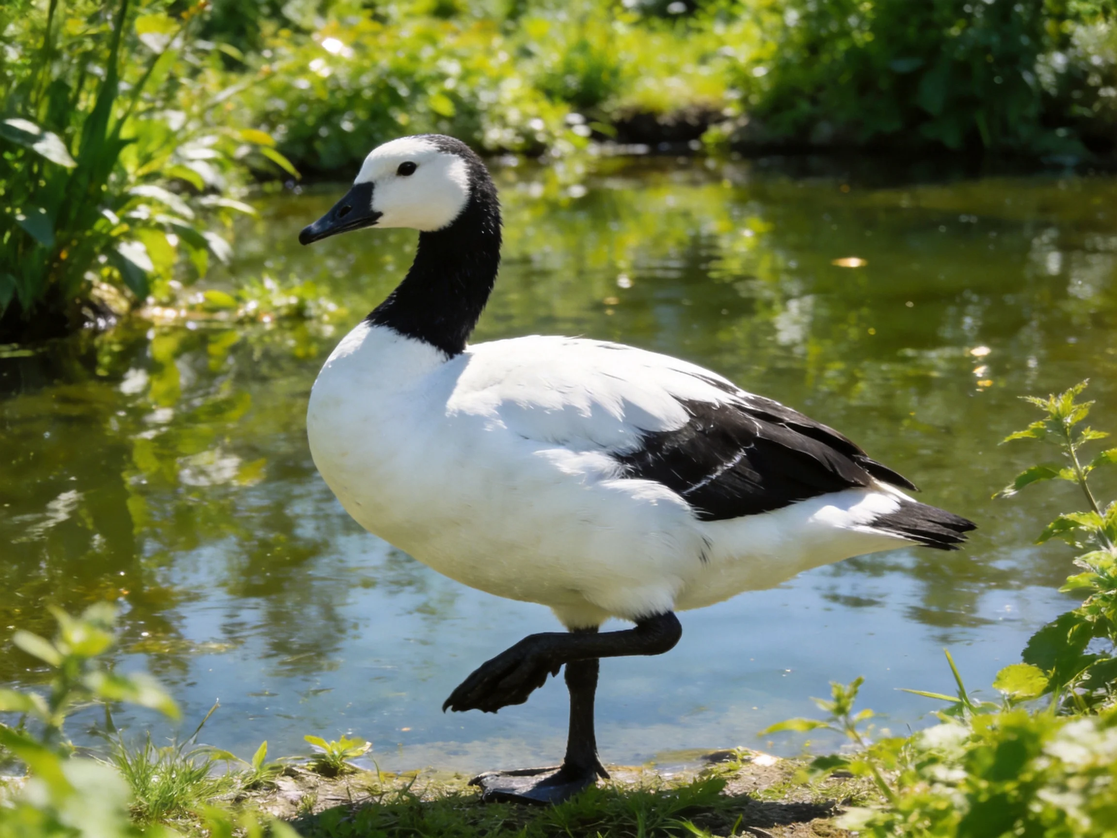 A black-and-white duck rests near a calm pond with surrounding vegetation.