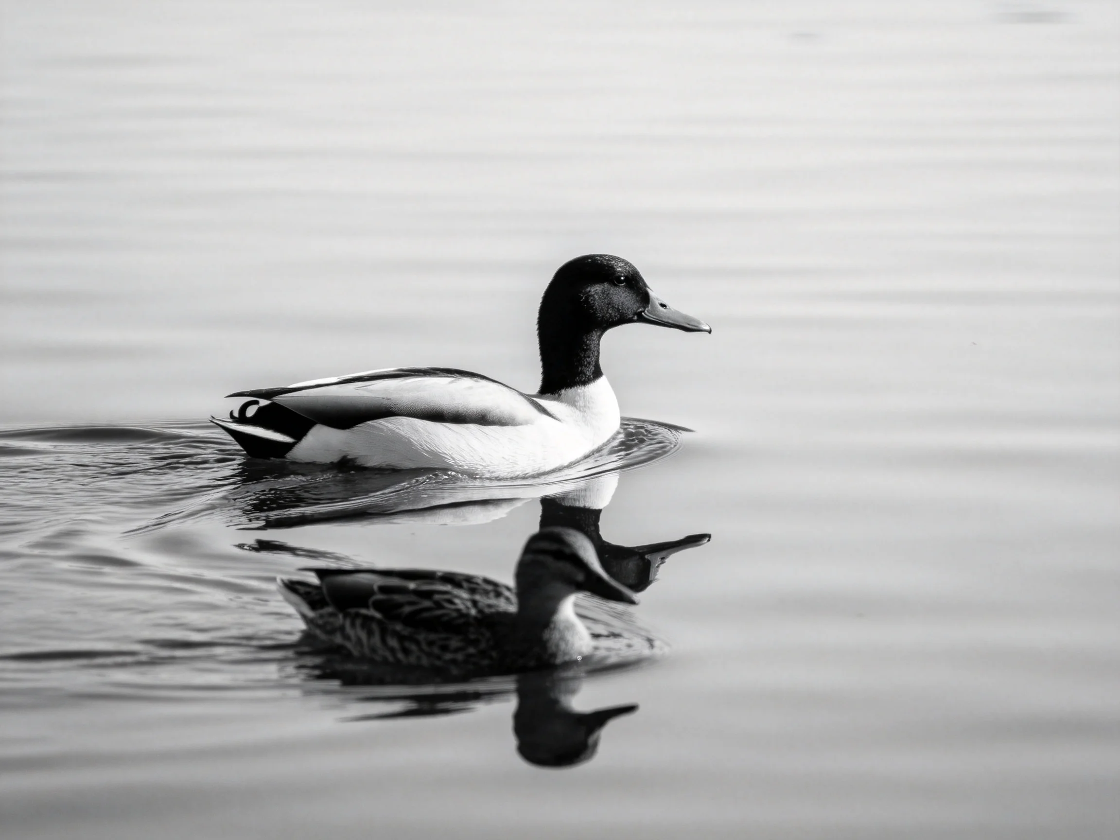 A black and white duck swims on calm water with a clear reflection
