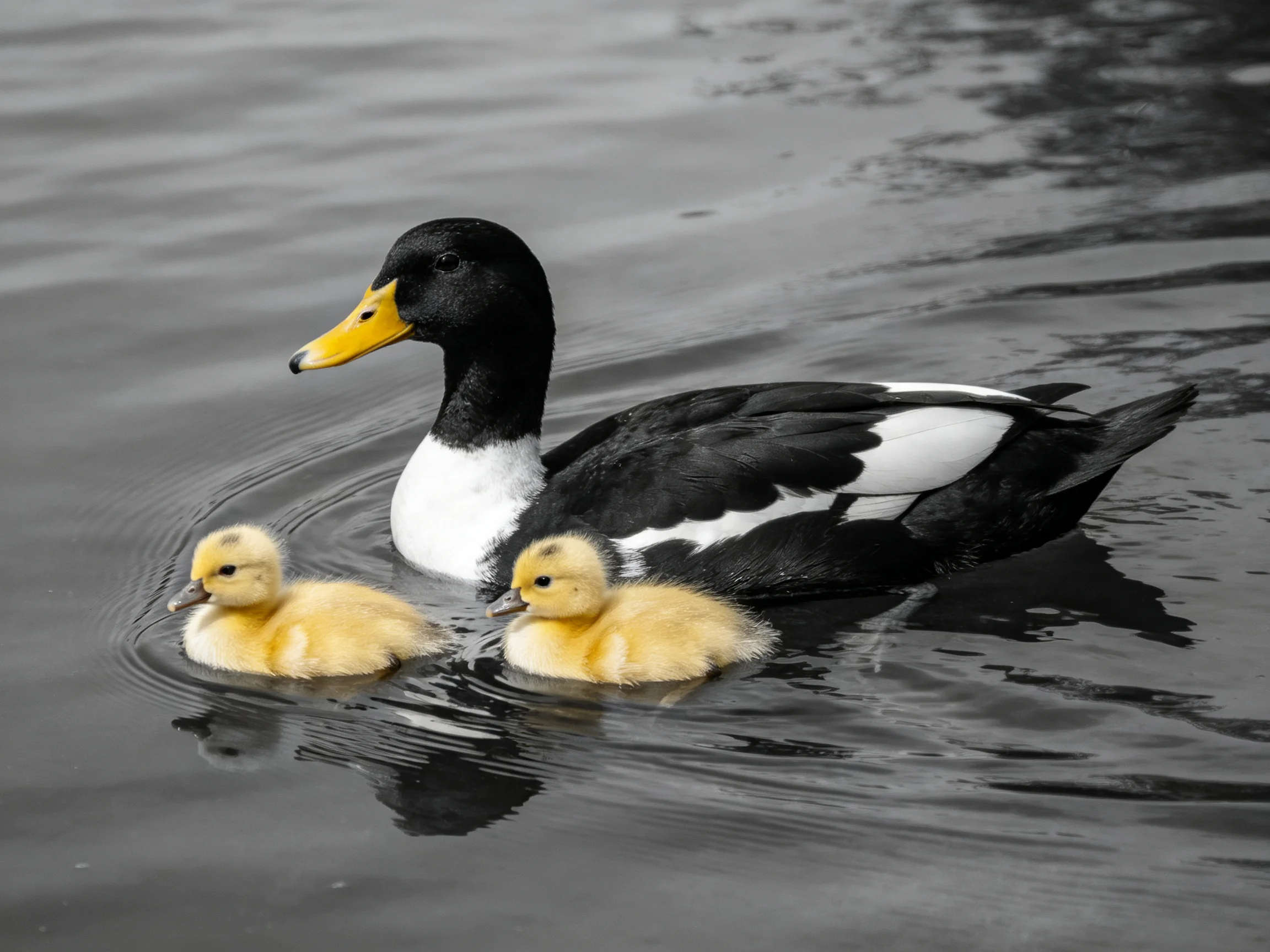 A black-and-white duck swims with two yellow ducklings