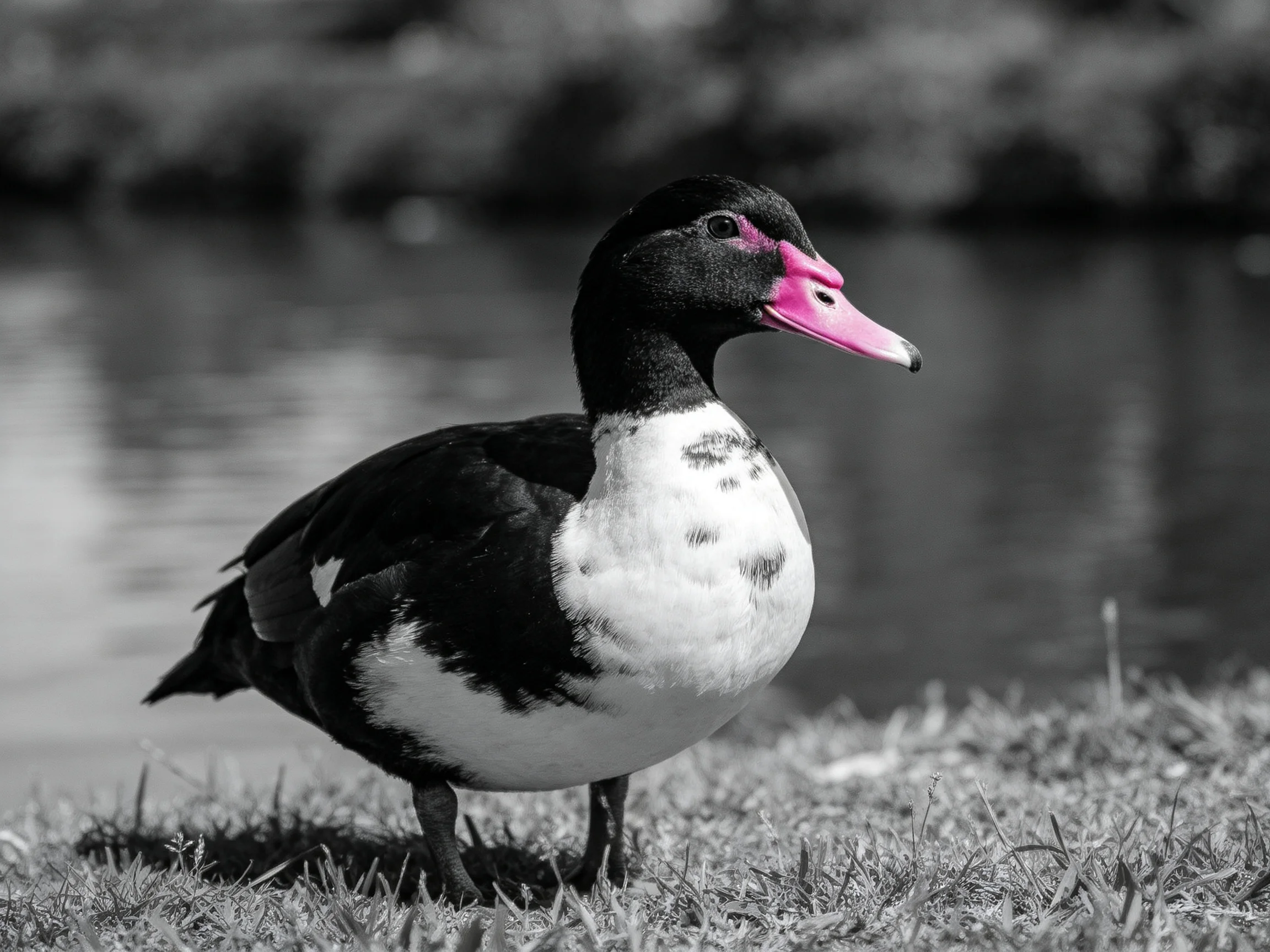 A black-and-white duck with a vivid pink beak near calm waters