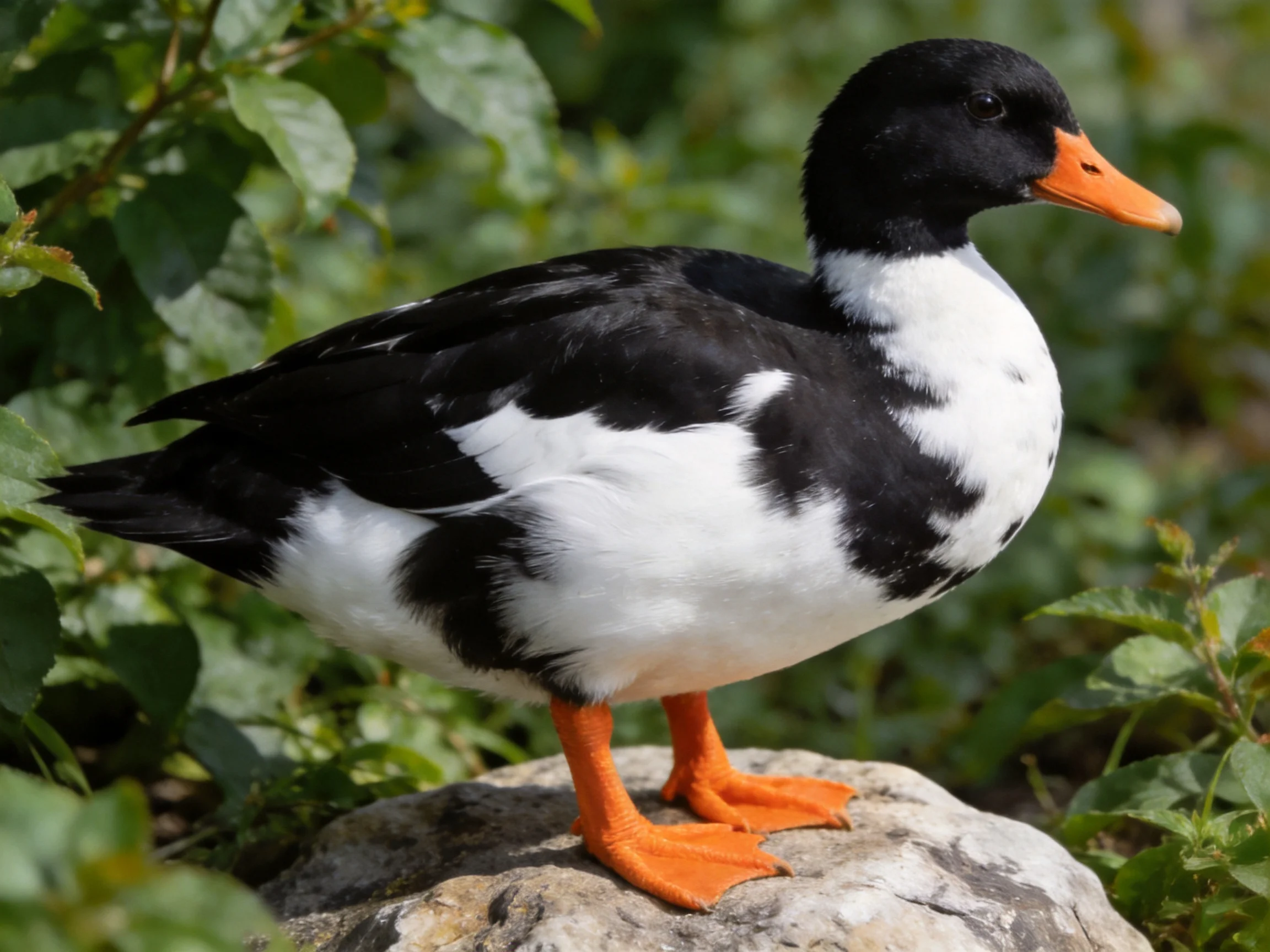A black and white duck with an orange beak perched on a rock near foliage