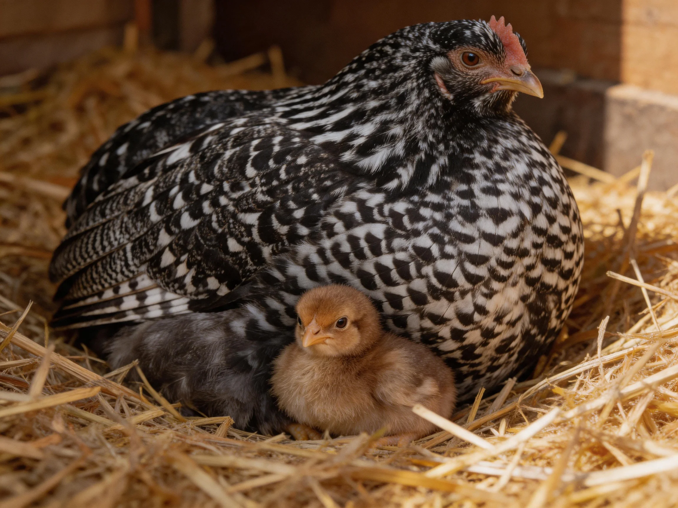 A black-and-white hen sits on straw with two chicks nearby