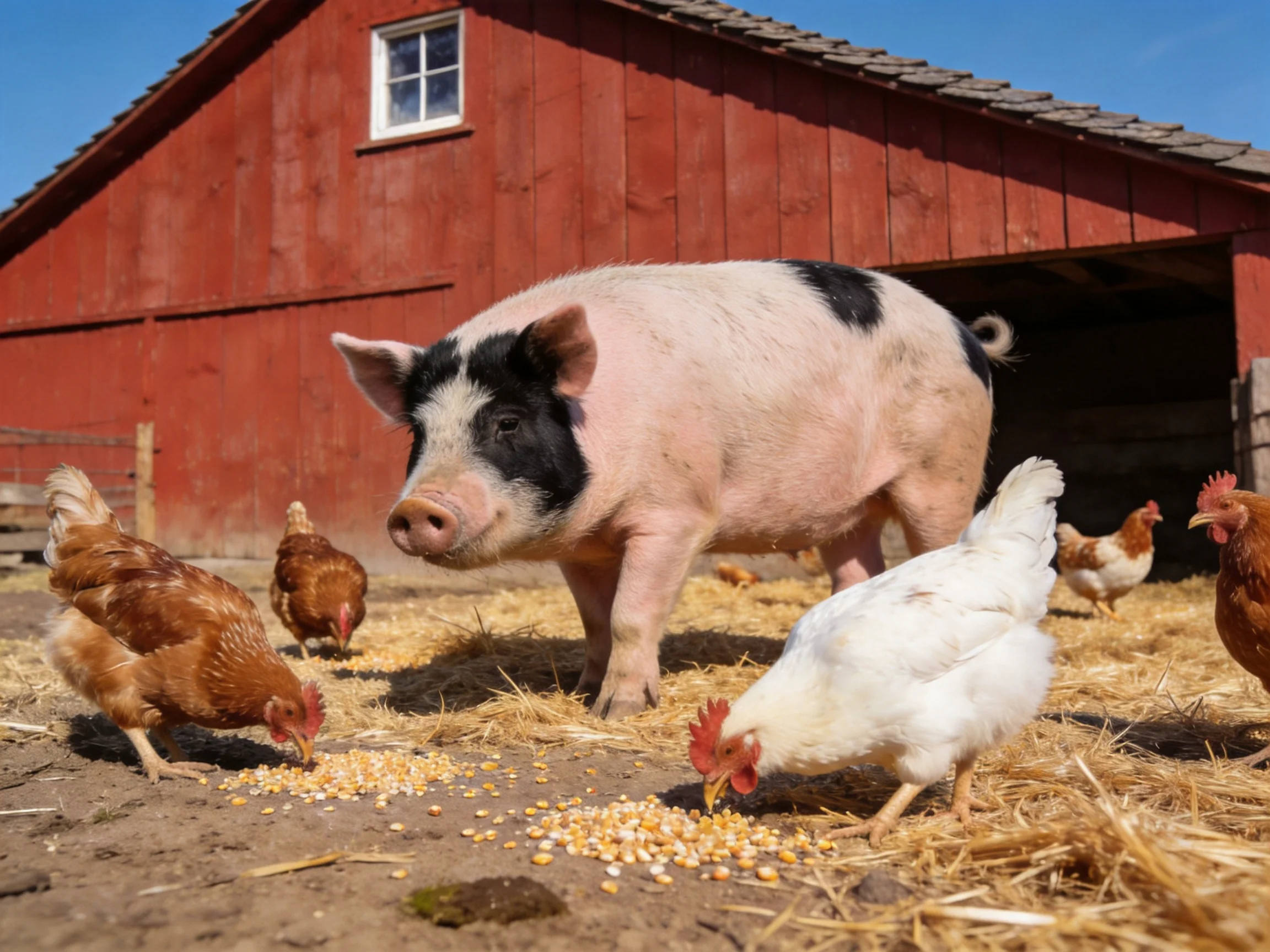 A black-and-white pig and chickens feed near a red barn