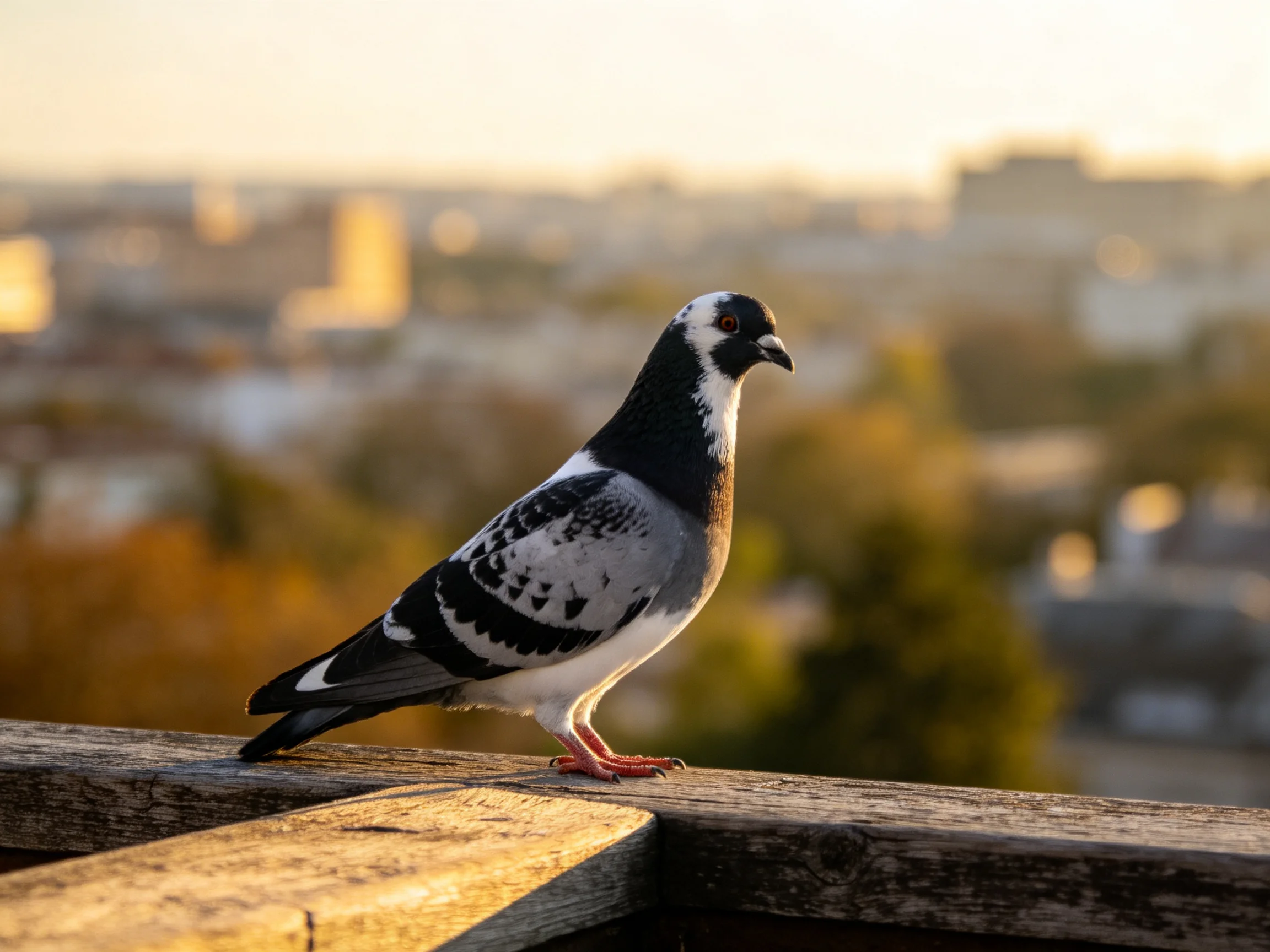 A black and white pigeon perches on a weathered wooden ledge with a blurred cityscape