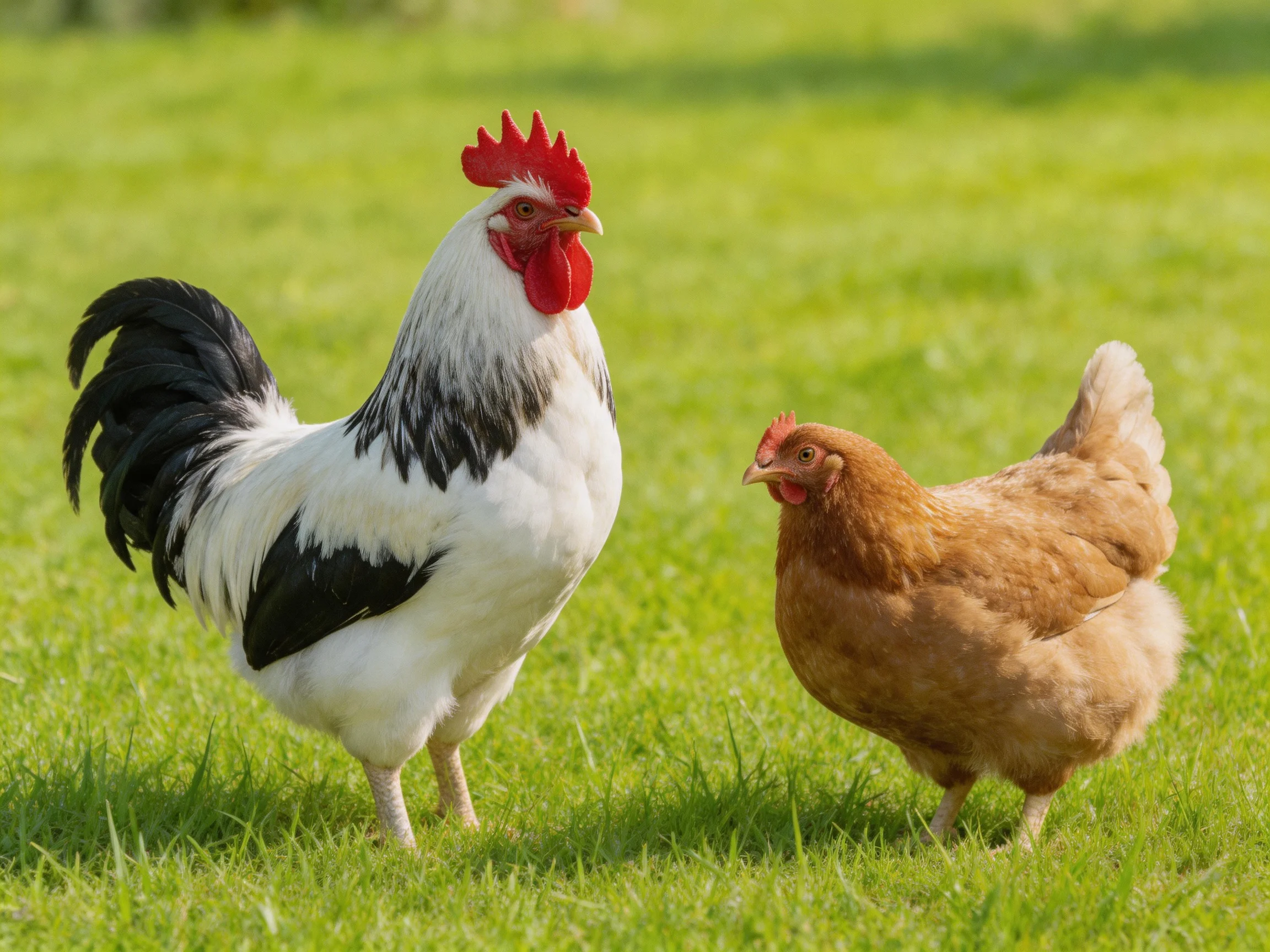 A rooster and hen of contrasting colors stand on a grassy field.