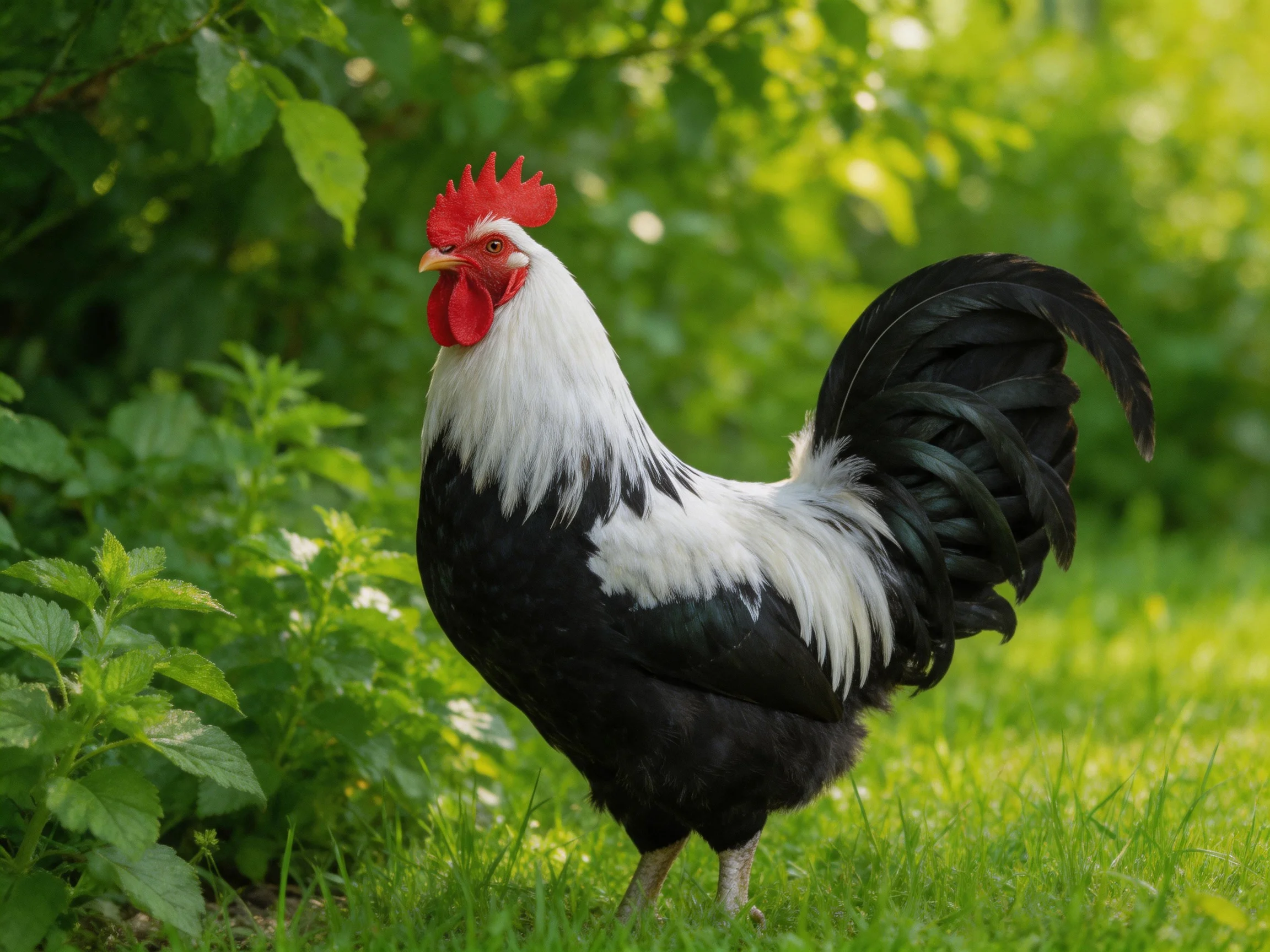 A black and white rooster is surrounded by greenery in a sunlit outdoor setting.