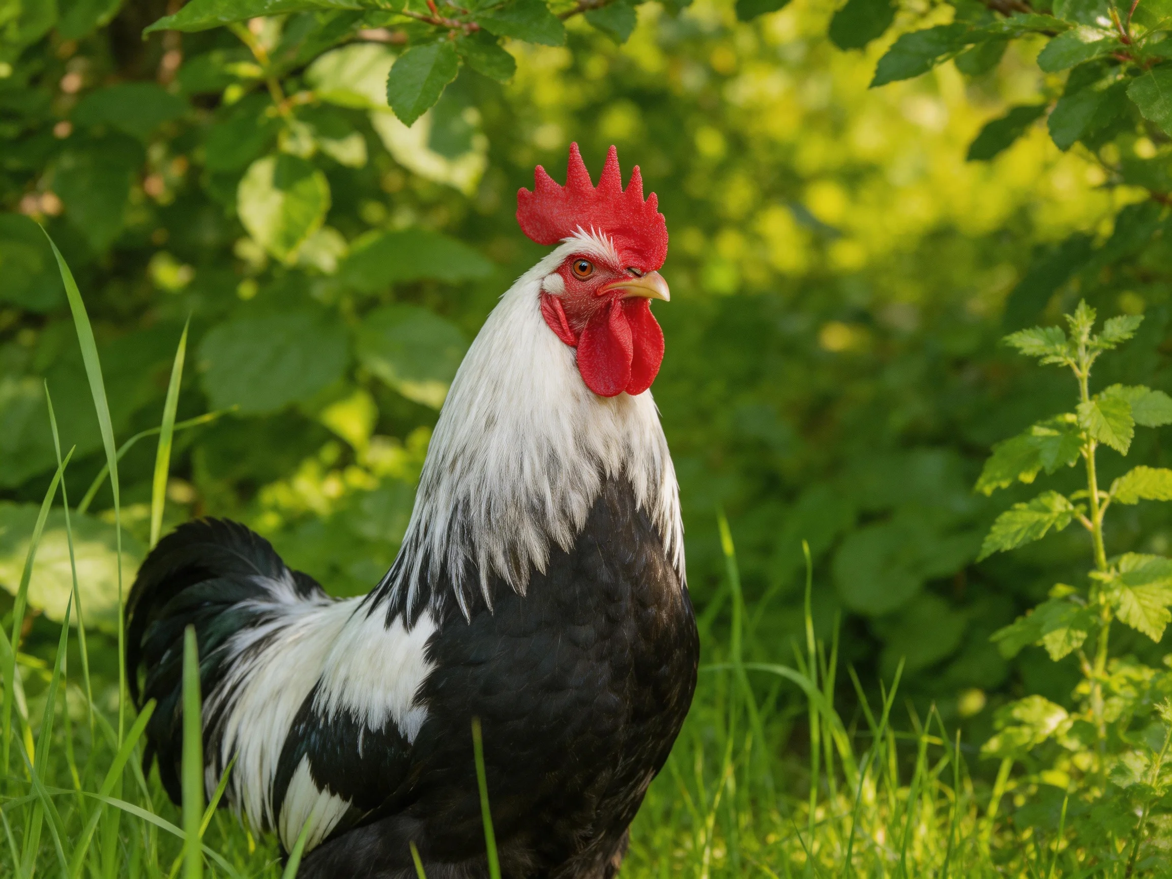 A black and white rooster stands in a sunlit area surrounded by lush greenery.