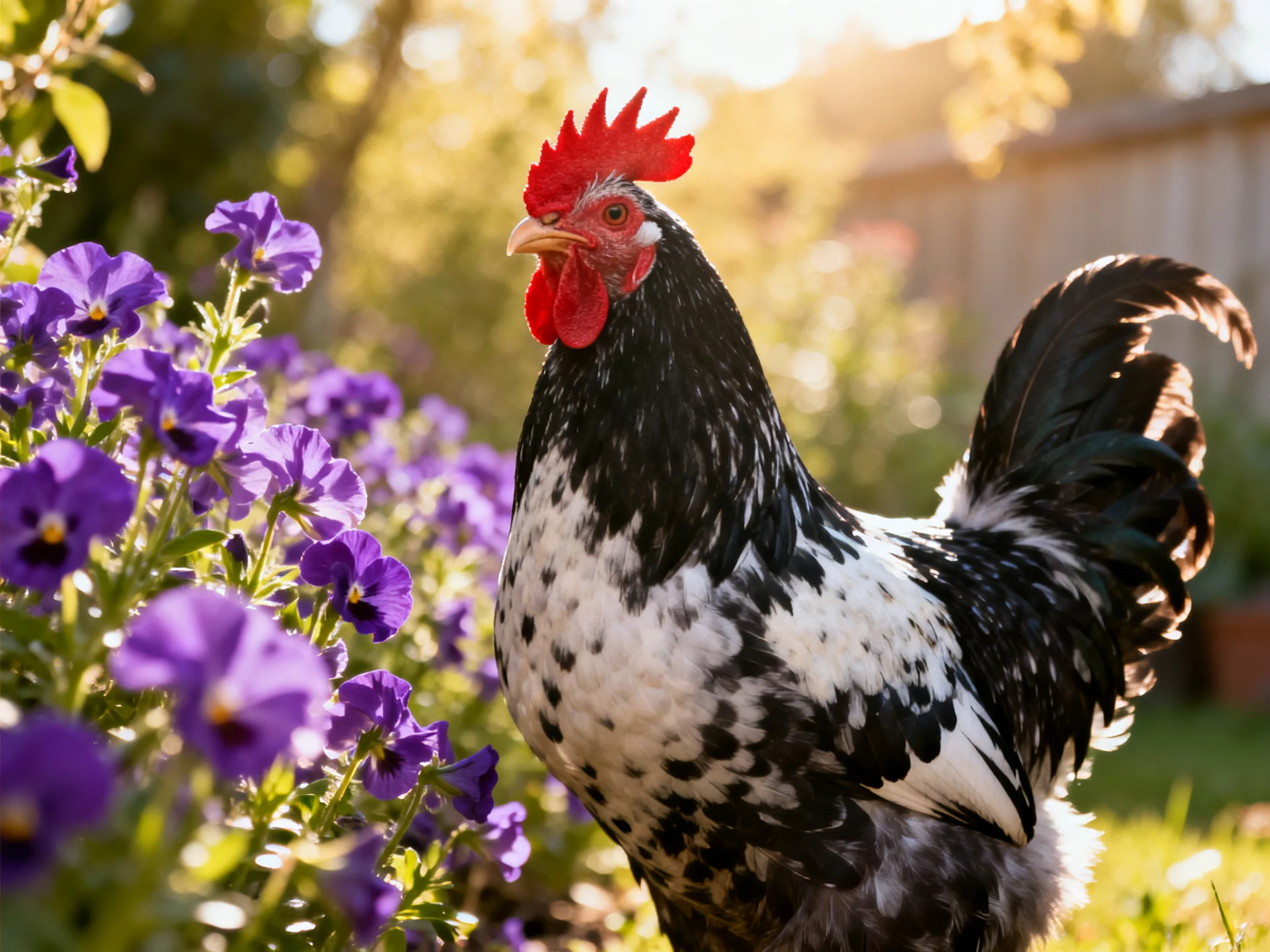 A black-and-white rooster stands among vibrant purple flowers in sunlight