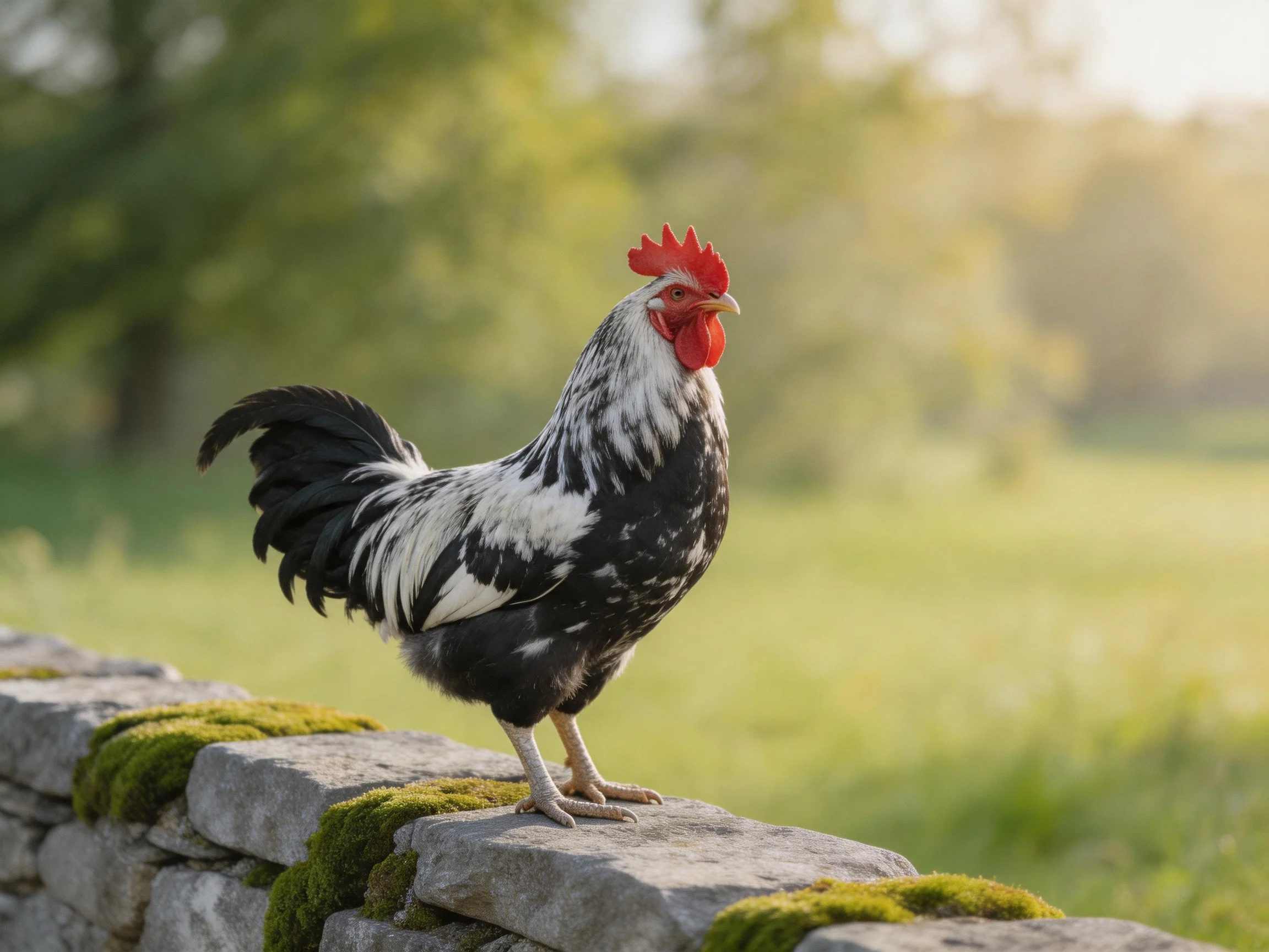 A black and white rooster perches on a mossy stone wall in a sunny field