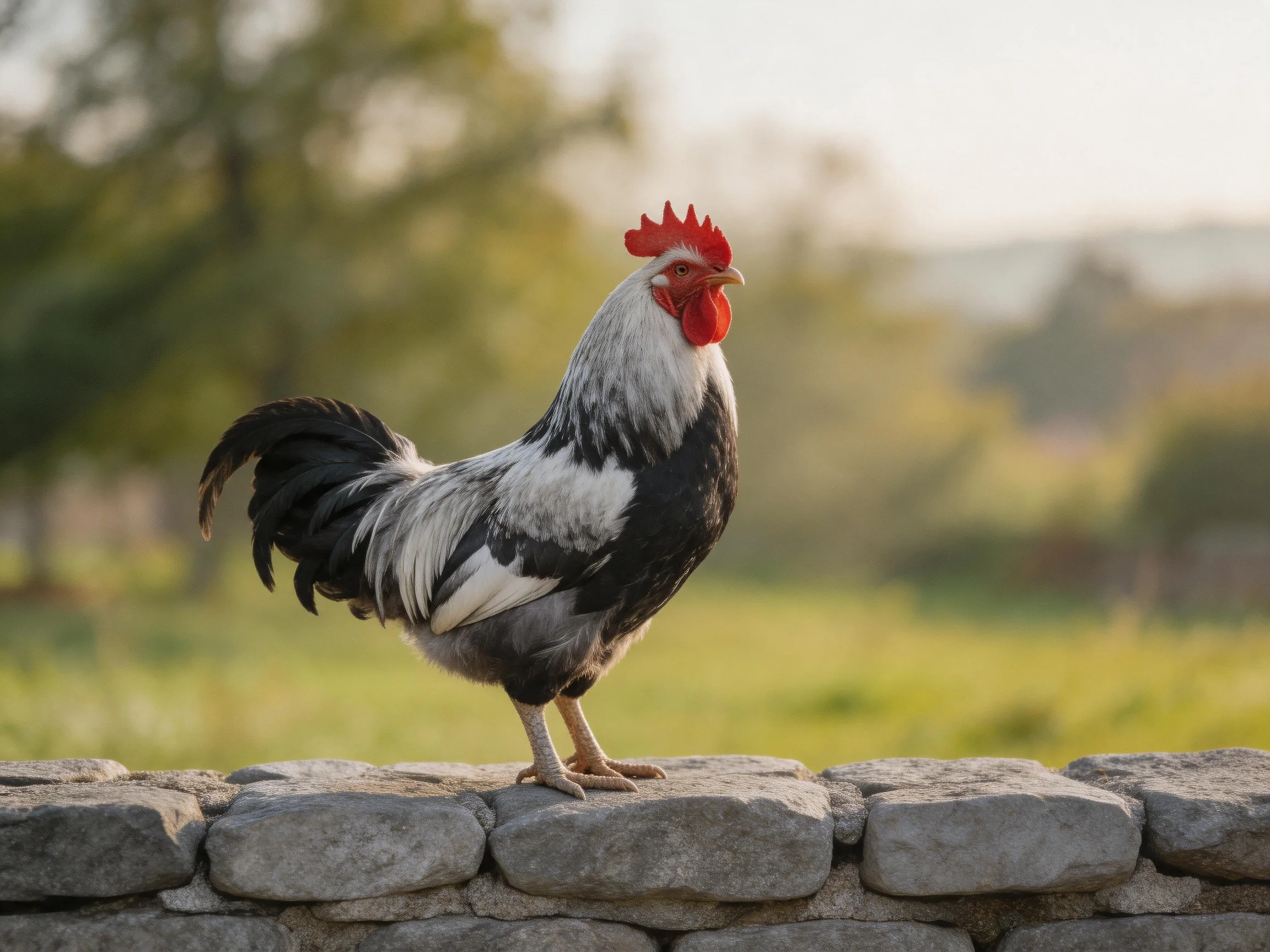 A black and white rooster is positioned on a stone wall in an outdoor area.