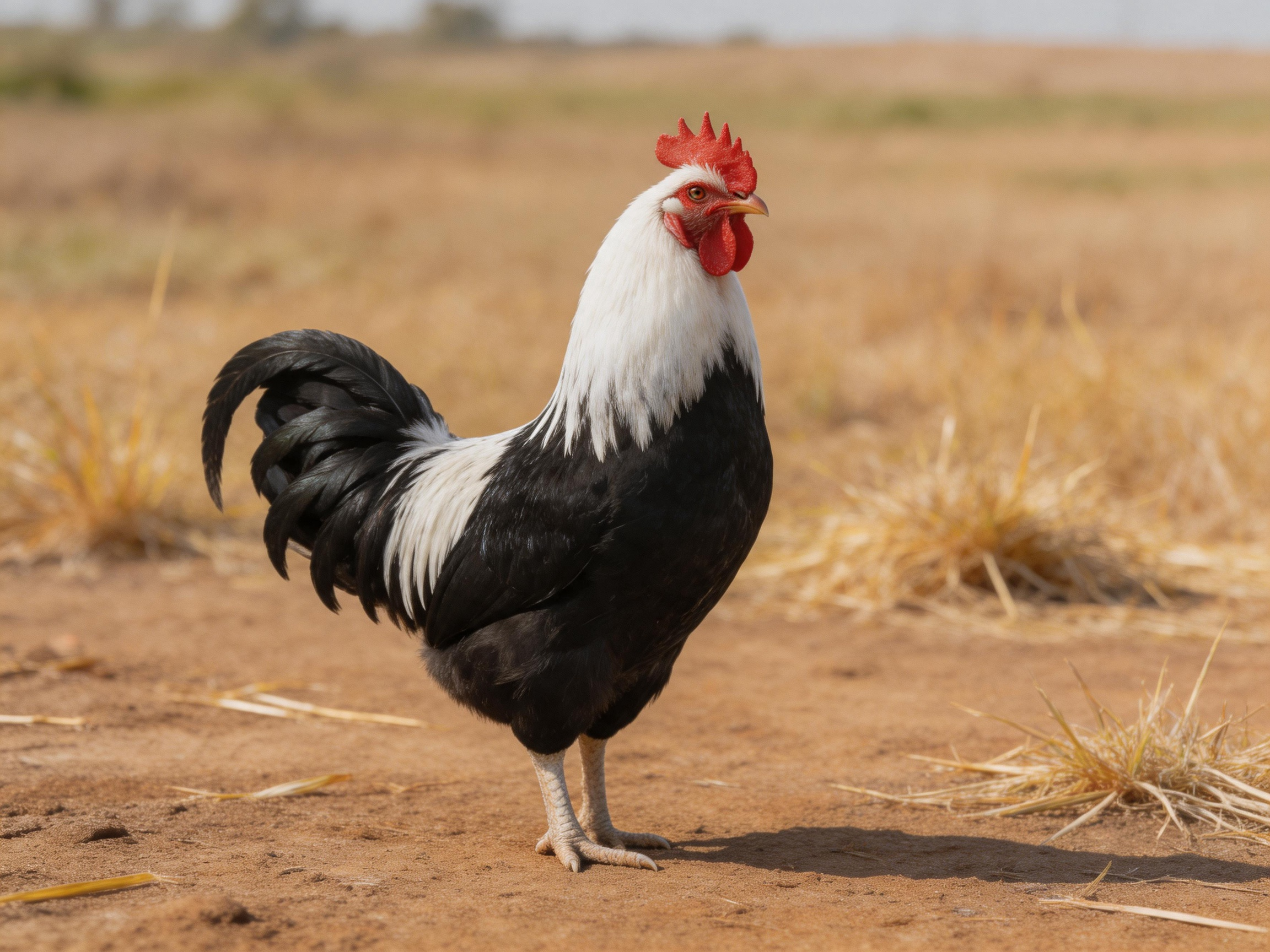 A black and white rooster stands on dry earth near golden grass