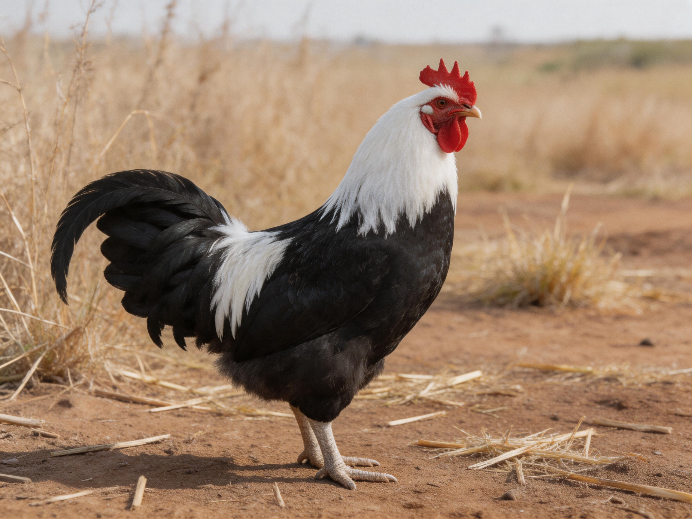 A black and white rooster stands on dusty ground amid dry grasses