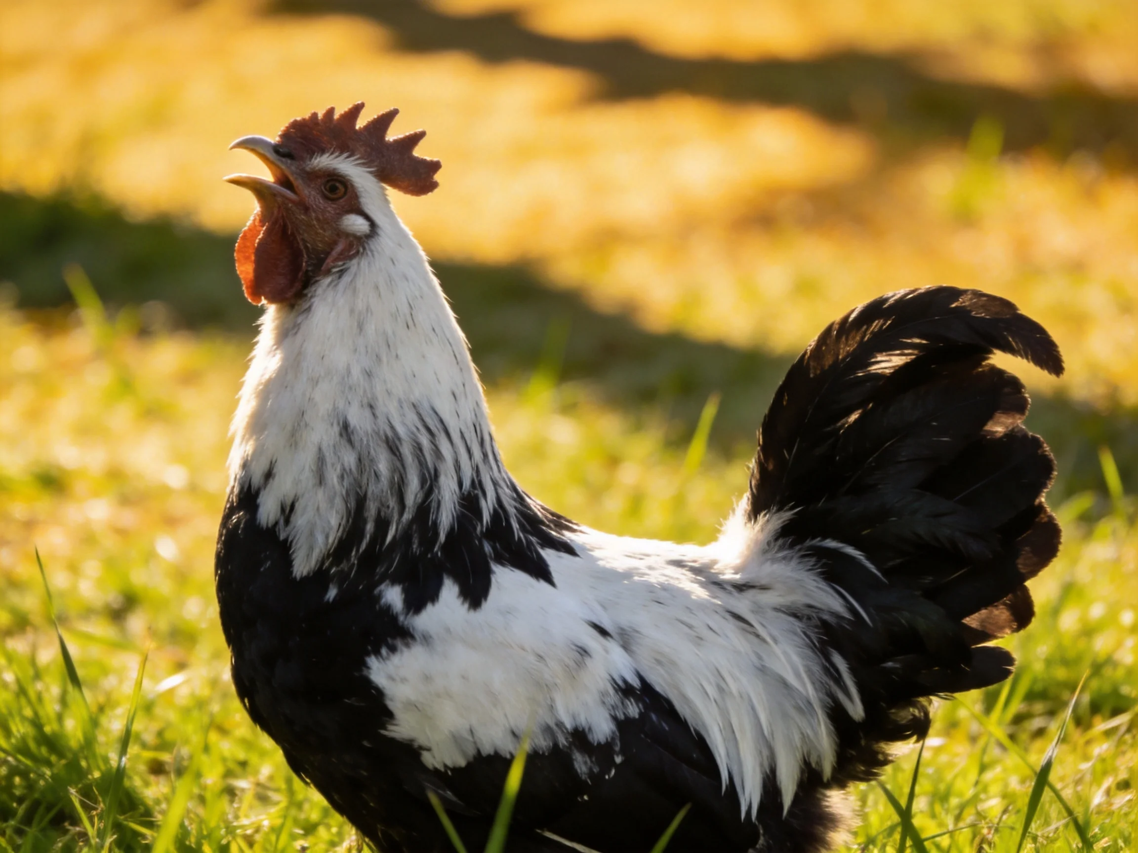A black and white rooster stands on sunlit grass