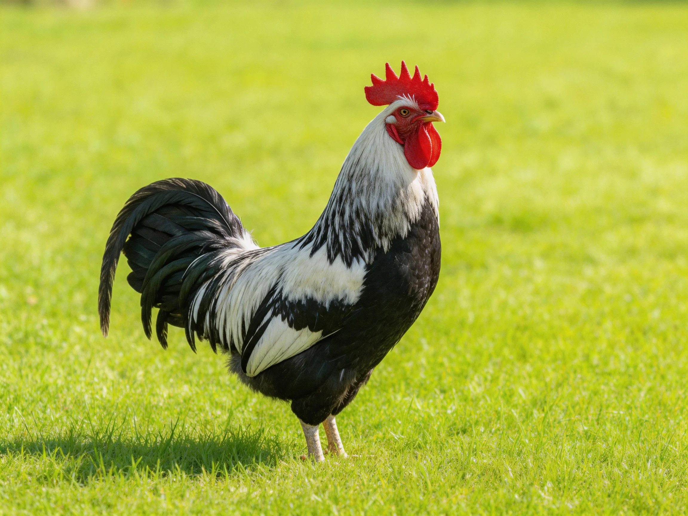 A rooster with black and white feathers and a red comb stands on grass.