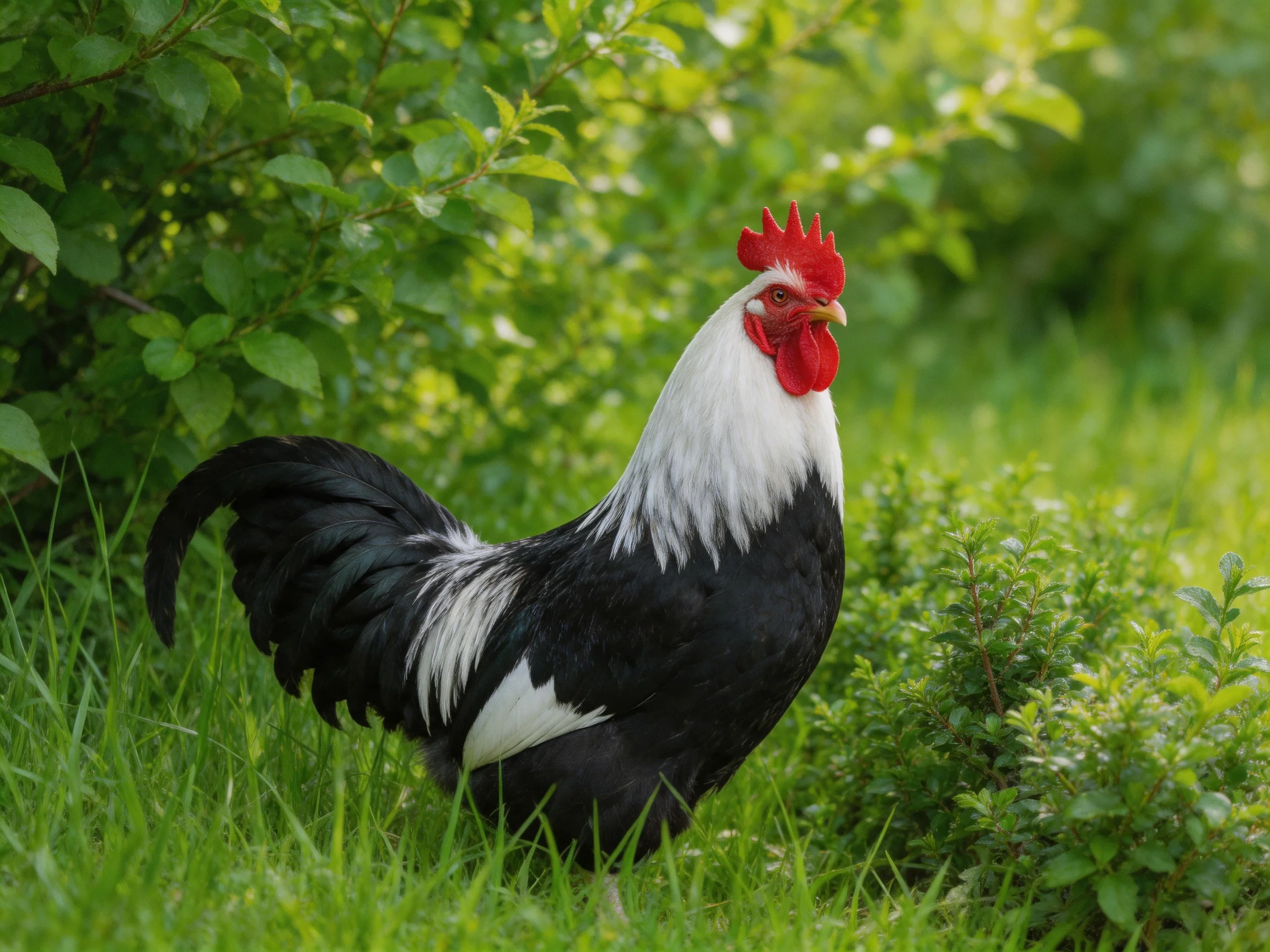 A black and white rooster with a red comb is in a verdant outdoor setting.