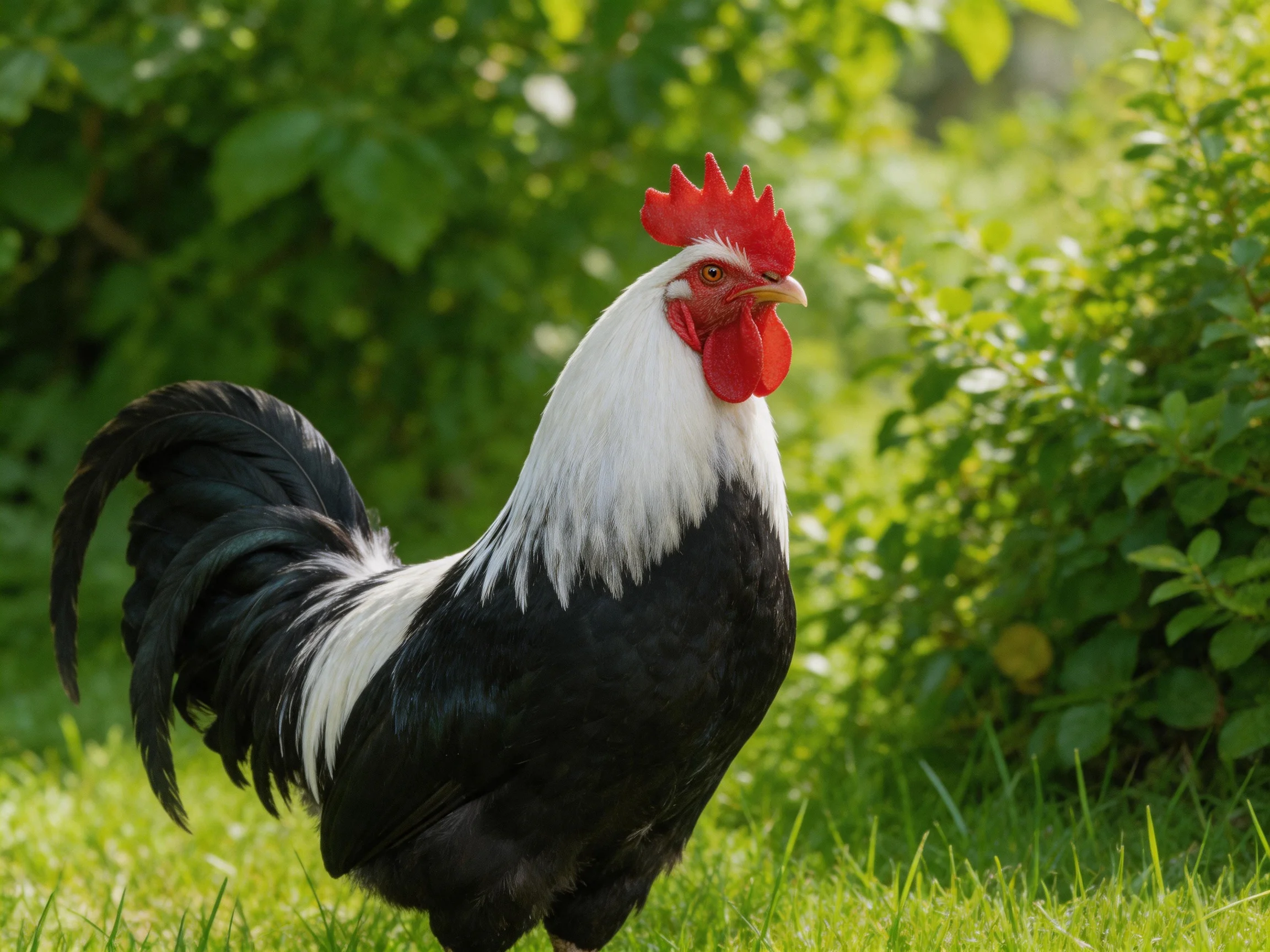 A black and white rooster with bright red comb in sunlit greenery