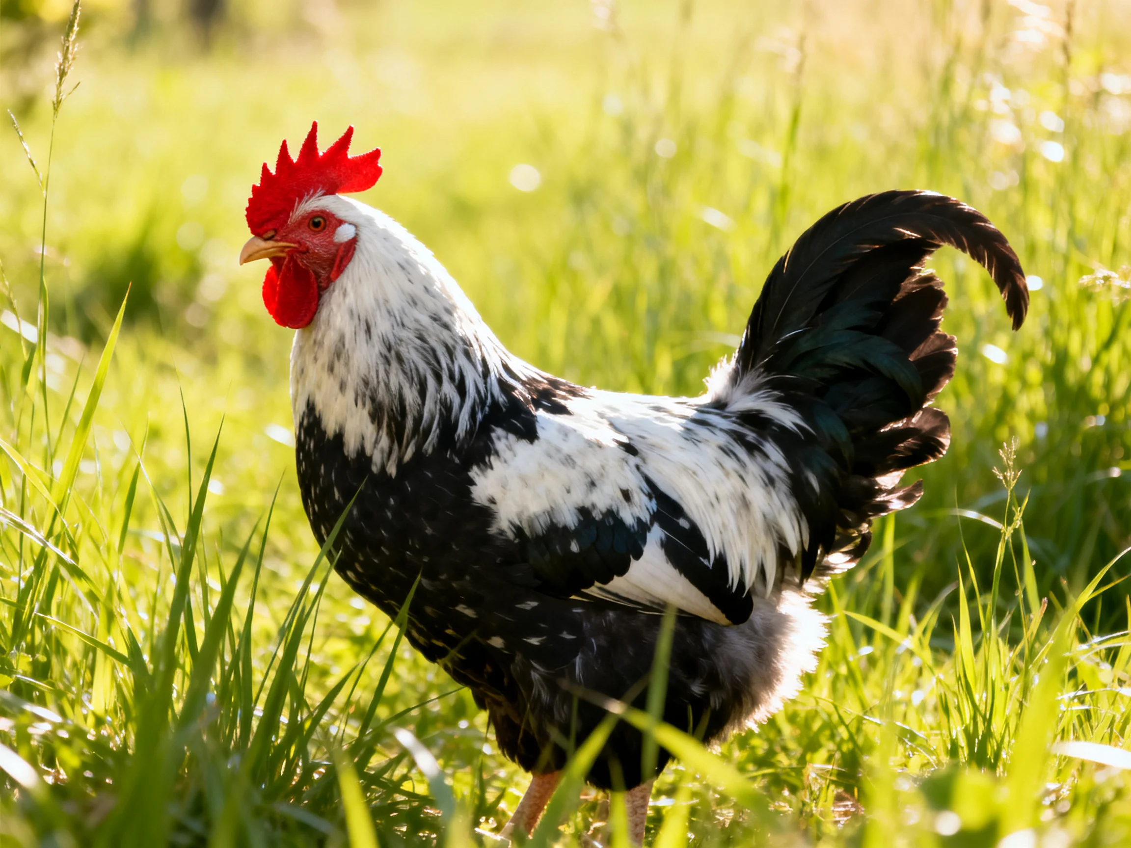 A black and white rooster with a red comb stands in tall grass