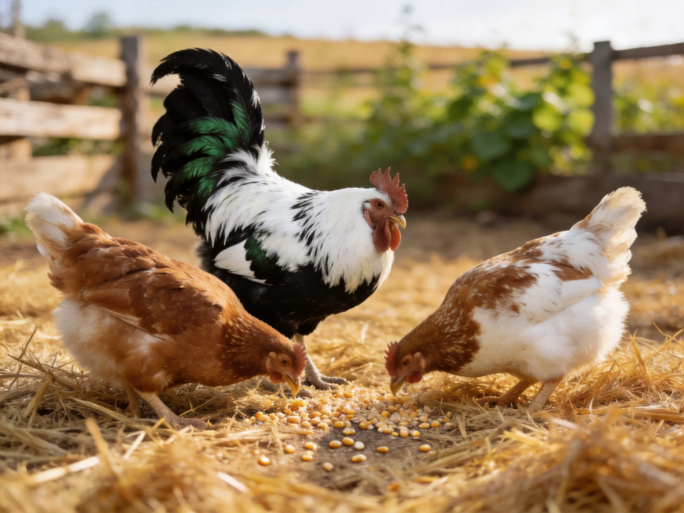 A black-and-white rooster with brown hens eats corn on straw outside