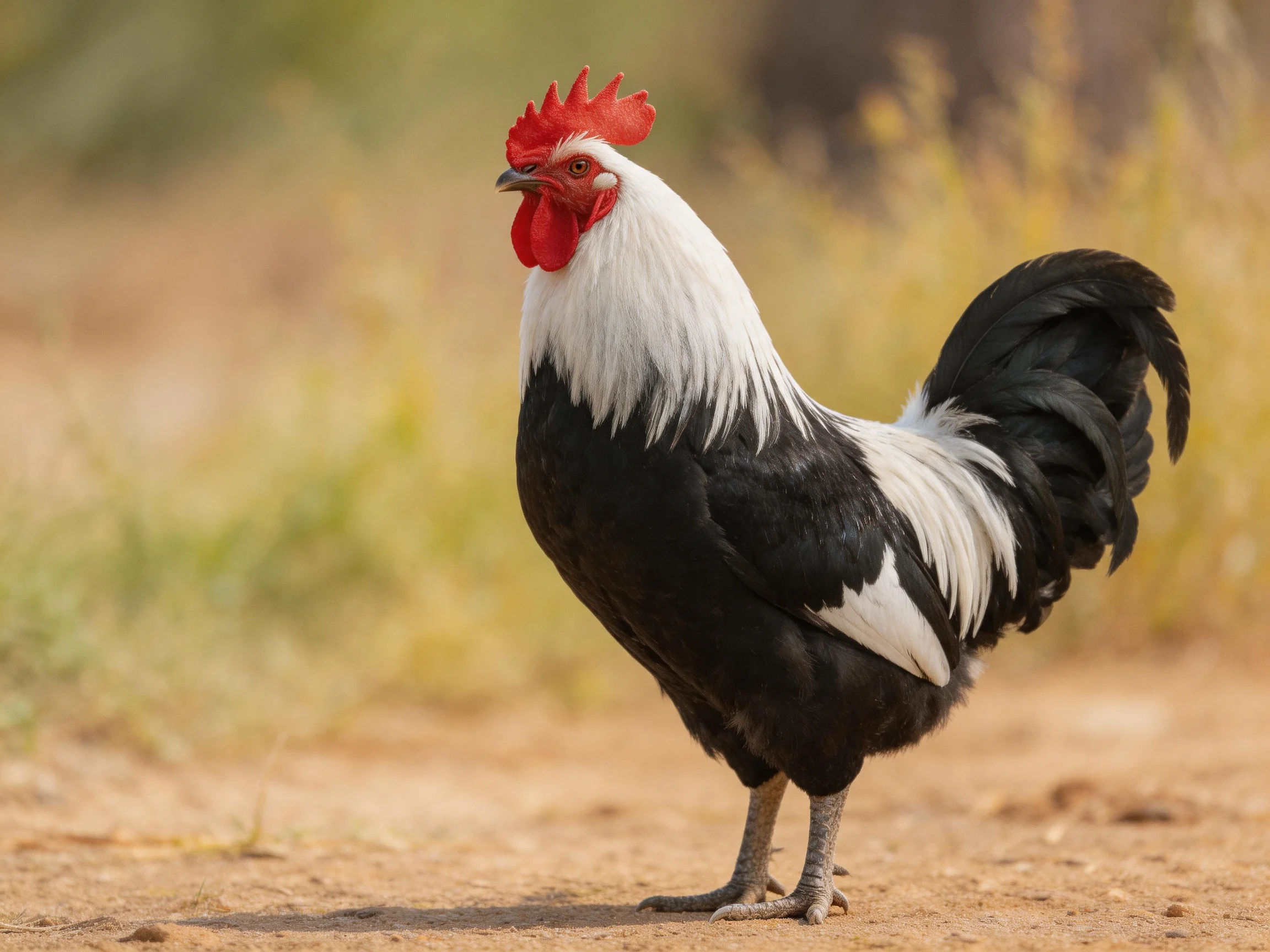 A black and white rooster with a red comb stands on a dirt path outdoors.