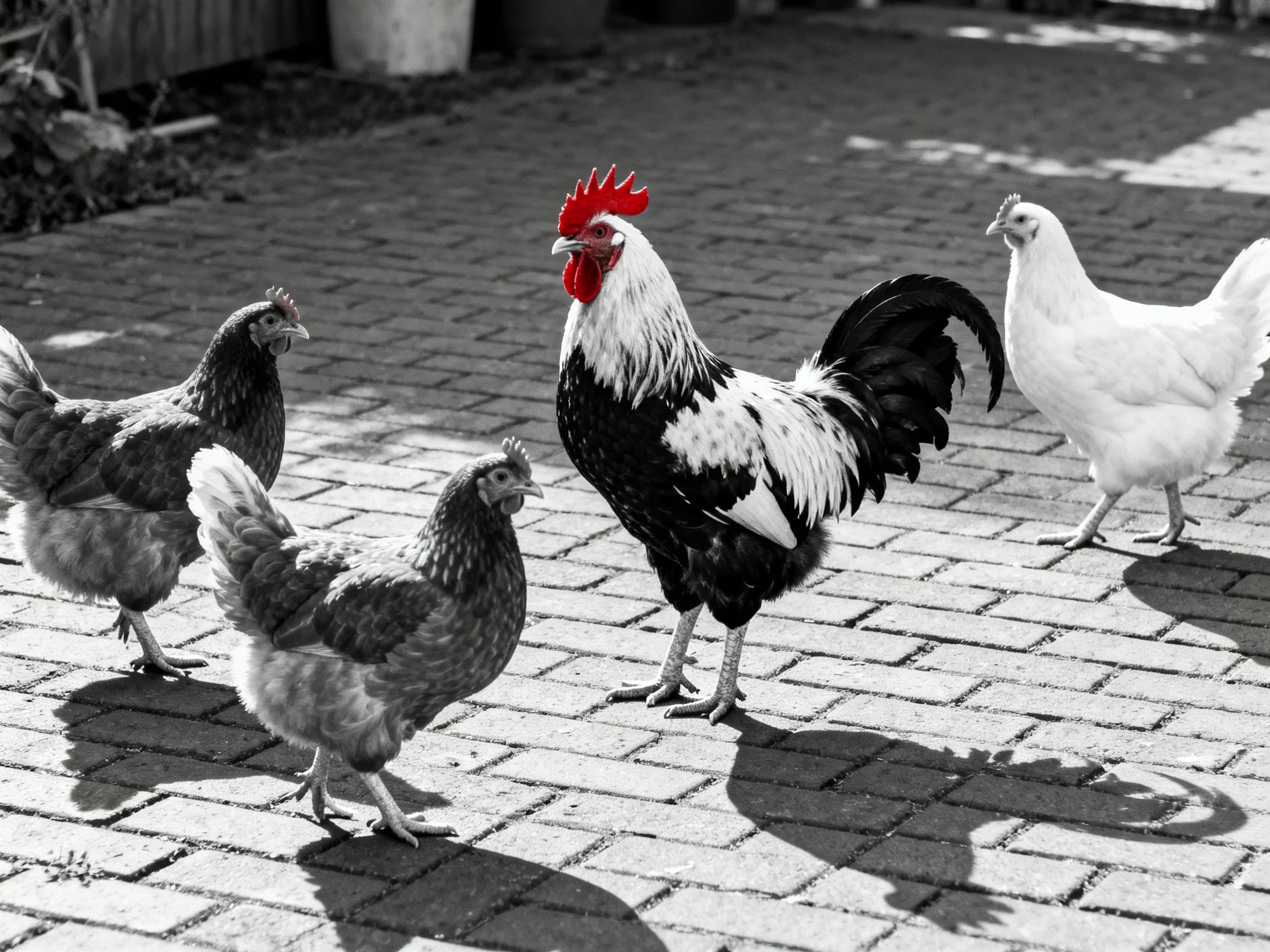 A rooster and three hens gather on a brick-paved area.