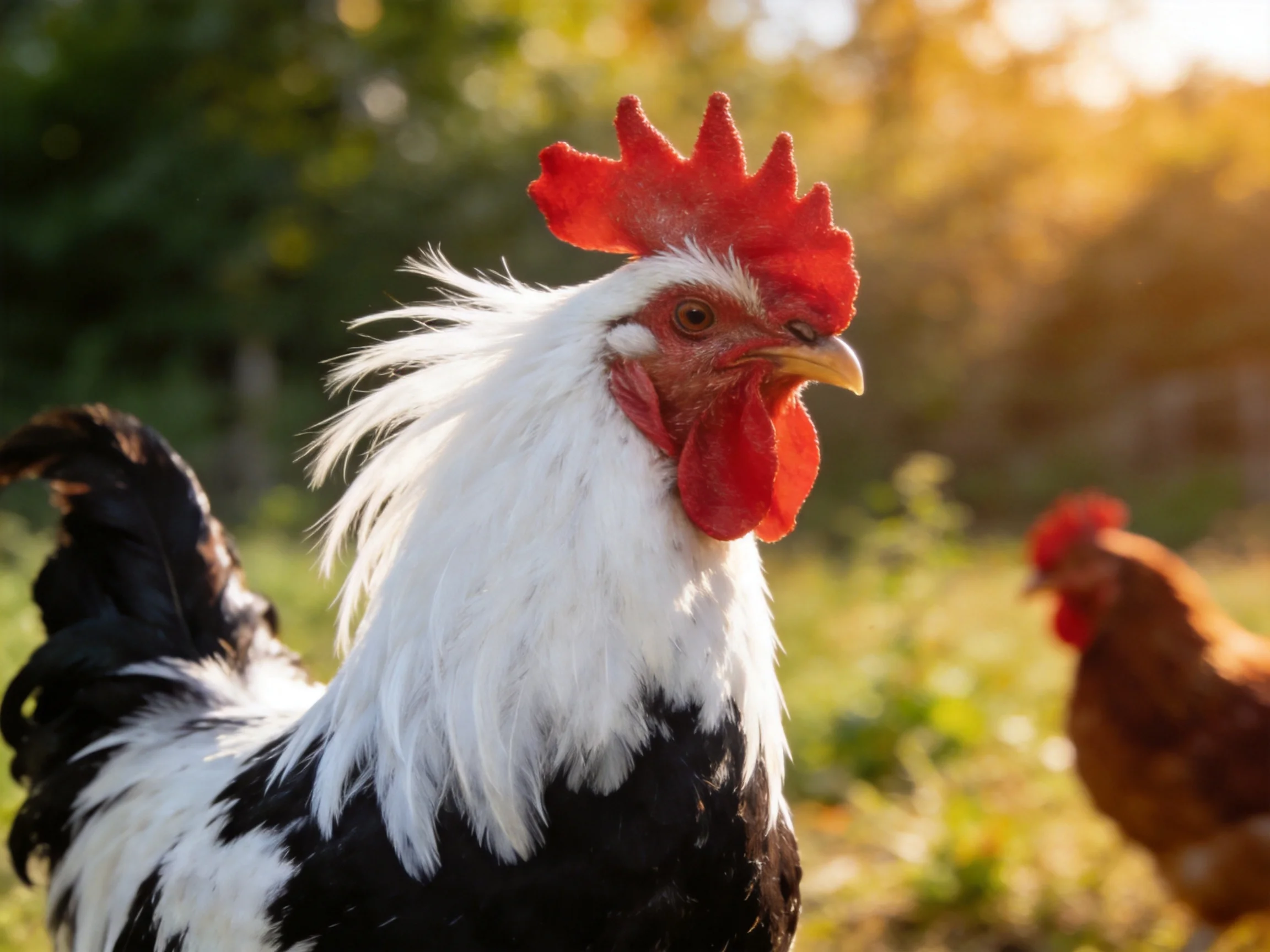 A black and white rooster with vibrant comb near a brown hen outdoors