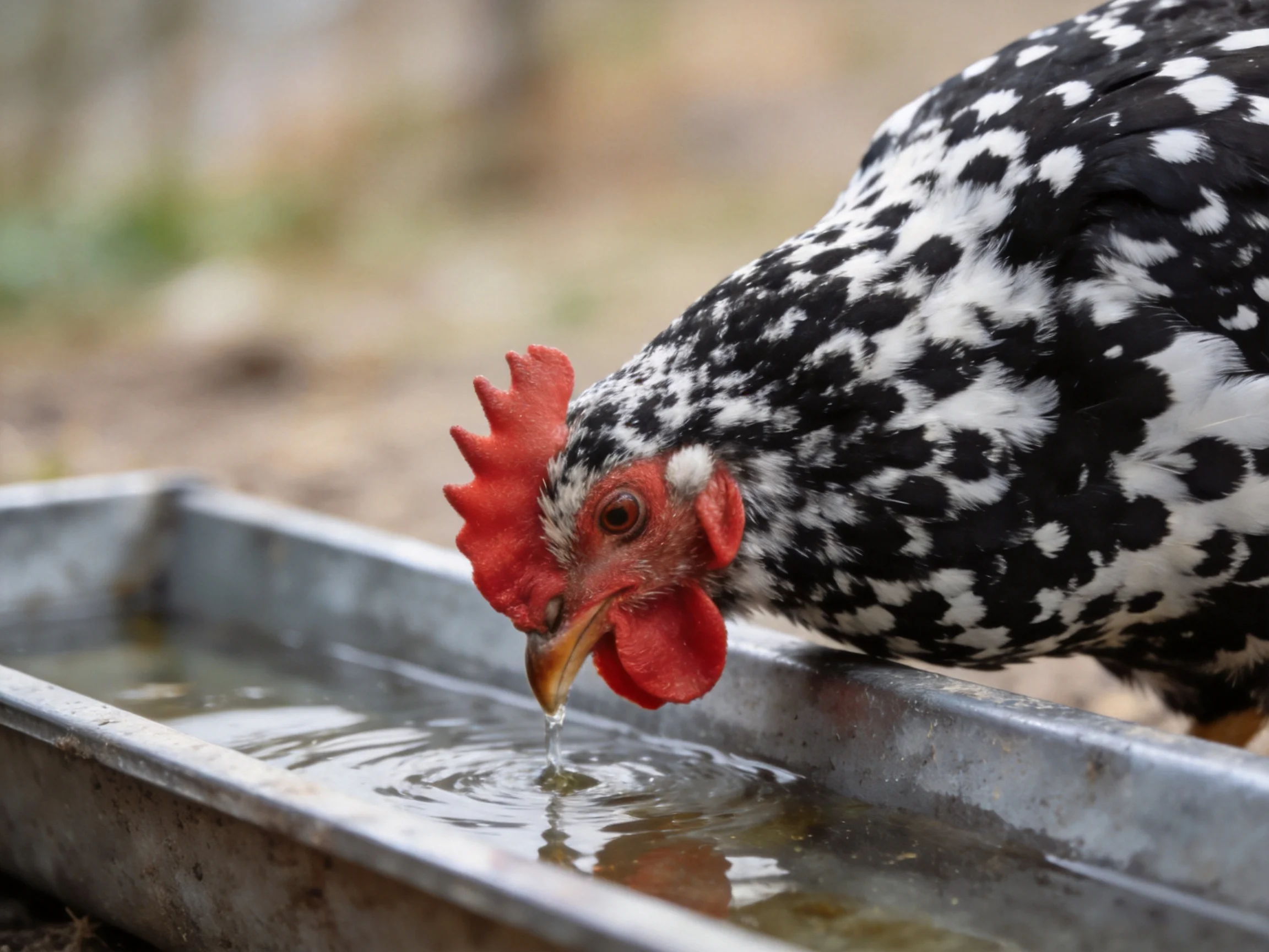 A black and white speckled chicken drinks from a metal trough