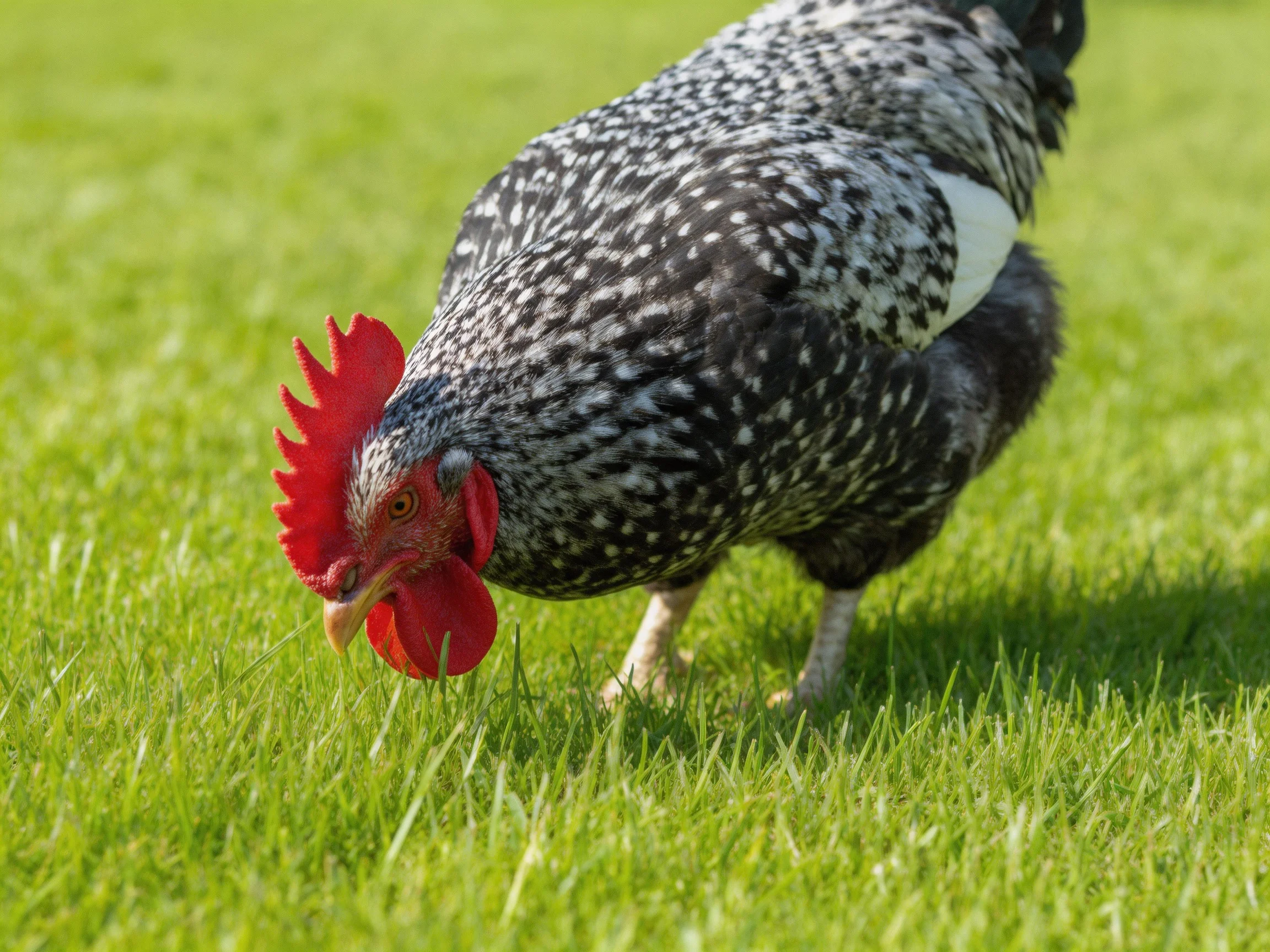 A black and white speckled chicken forages in lush green grass