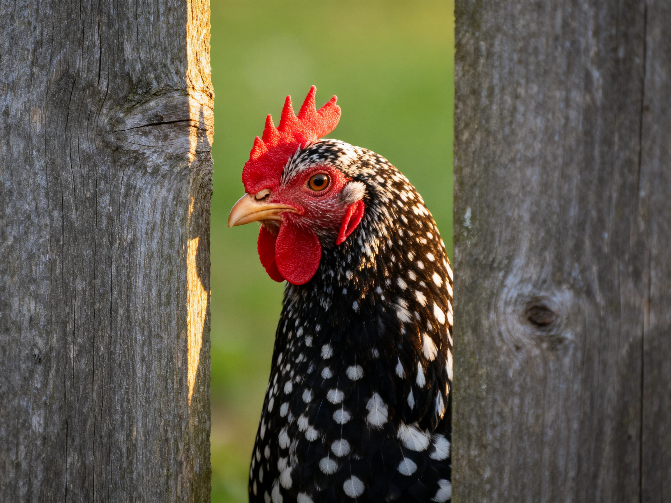 A black and white speckled chicken peeks through weathered wooden fence posts