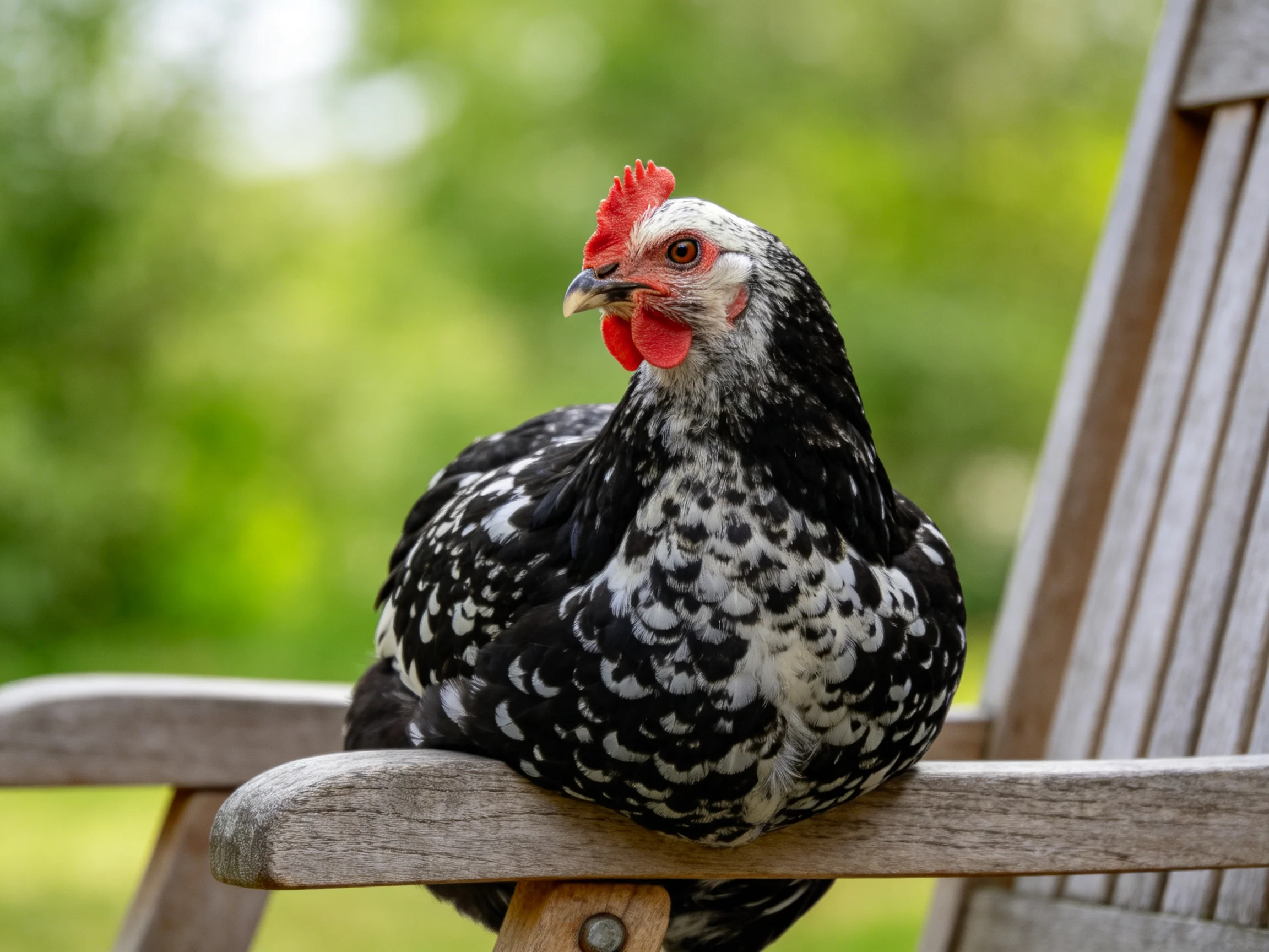 A black and white speckled chicken perched on a wooden chair amid greenery