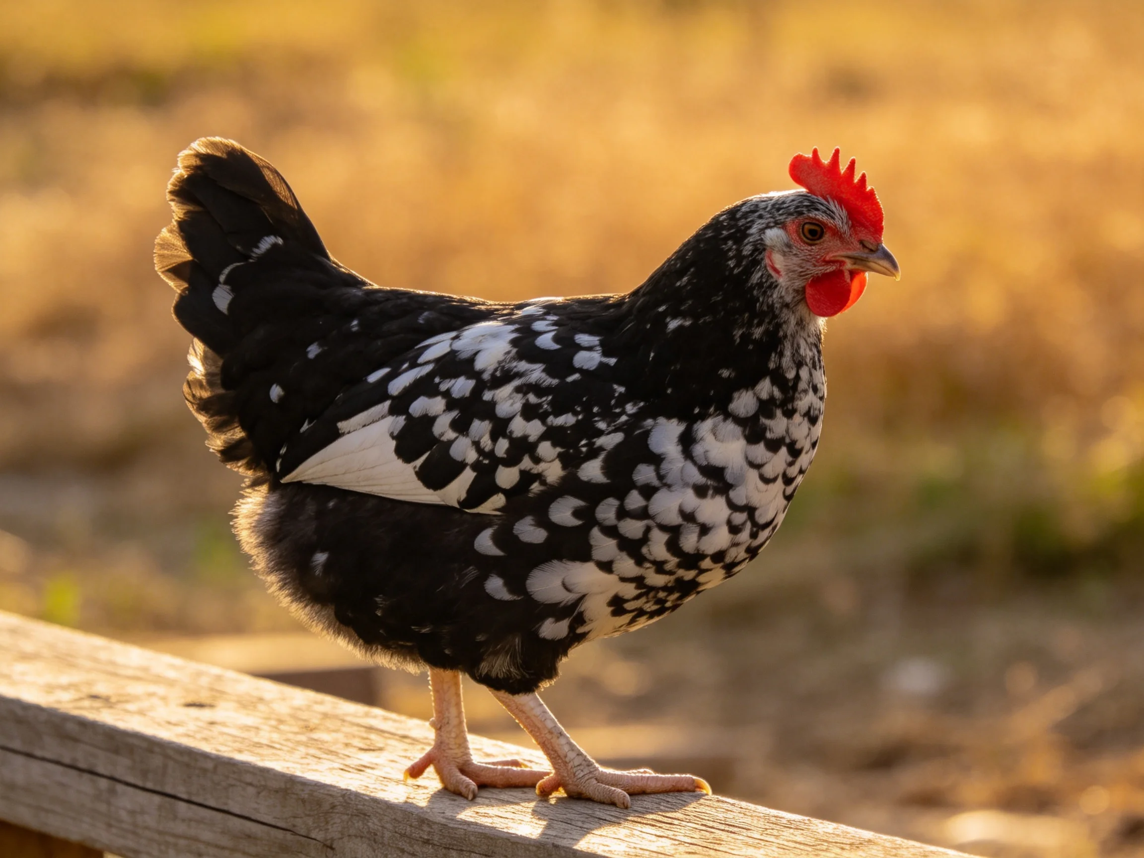 A black and white speckled chicken perches on a wooden fence with a vibrant red comb
