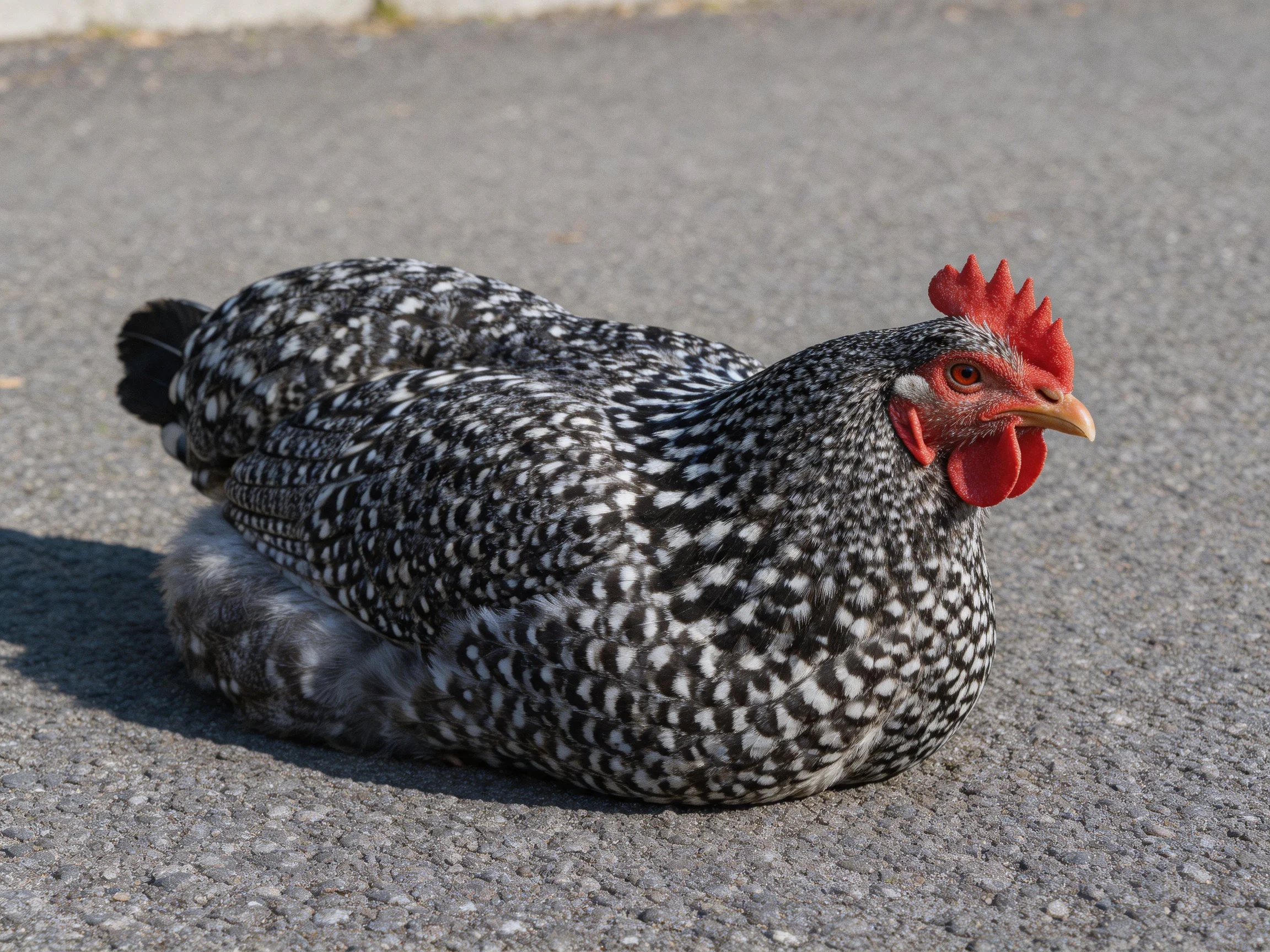 A black and white speckled chicken rests on gray pavement