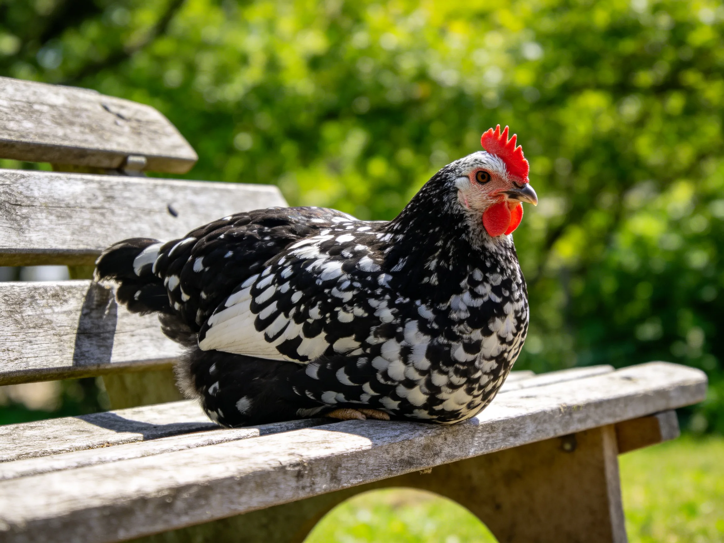 A black and white speckled chicken sits on a weathered wooden bench in a sunny garden