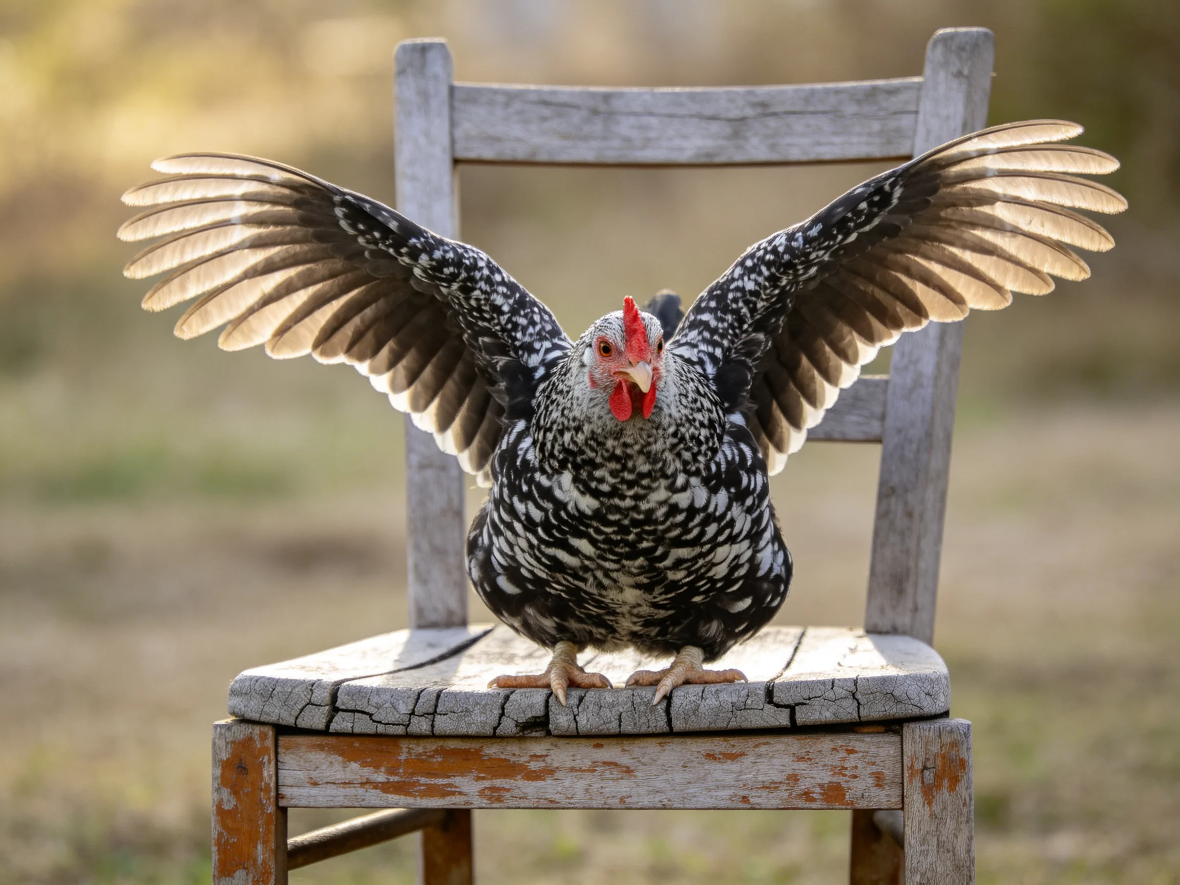 A black and white speckled chicken spreads wings on an aged wooden chair