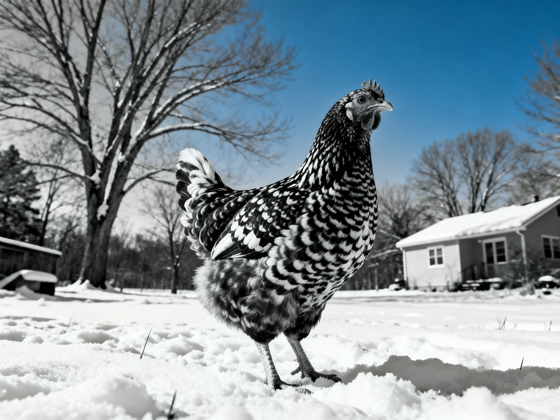 A black and white speckled chicken stands in a snowy yard with houses and trees