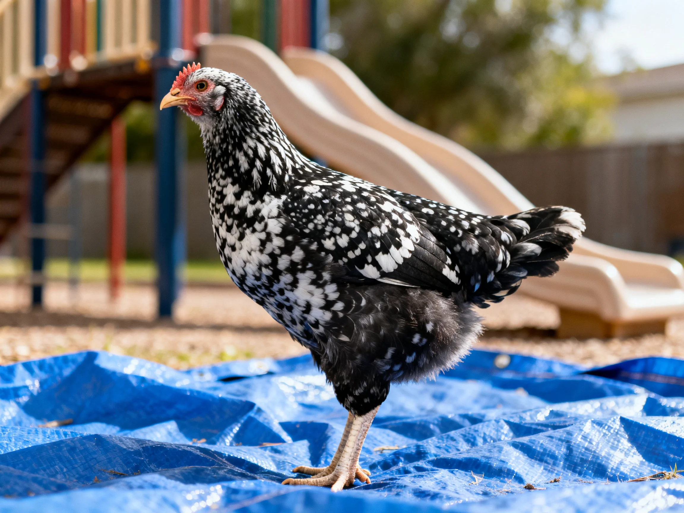 A black and white speckled chicken stands on a blue tarp near playground slides
